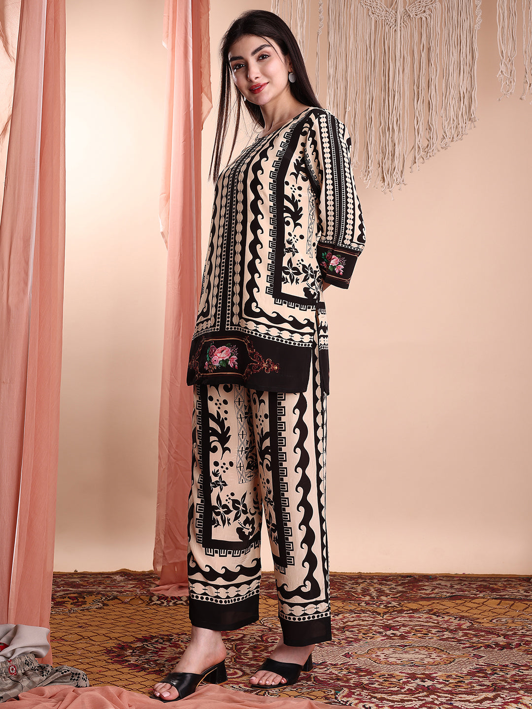 Floral & Geometric Printed Co-Ords, Black - Hiral Fashion
