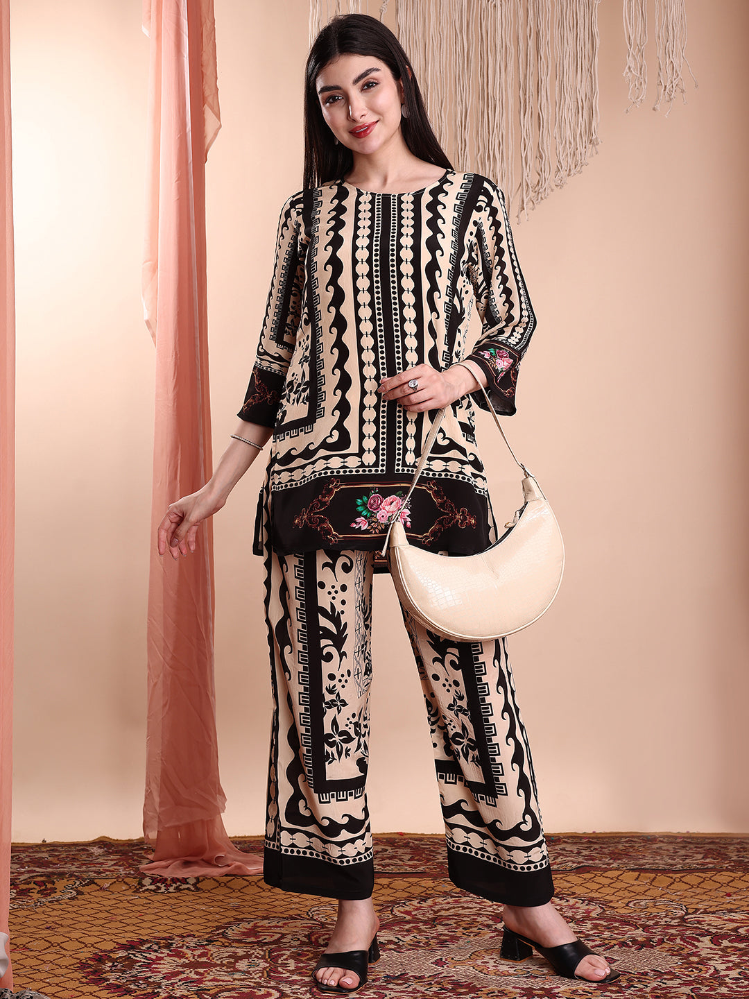 Floral & Geometric Printed Co-Ords, Black - Hiral Fashion