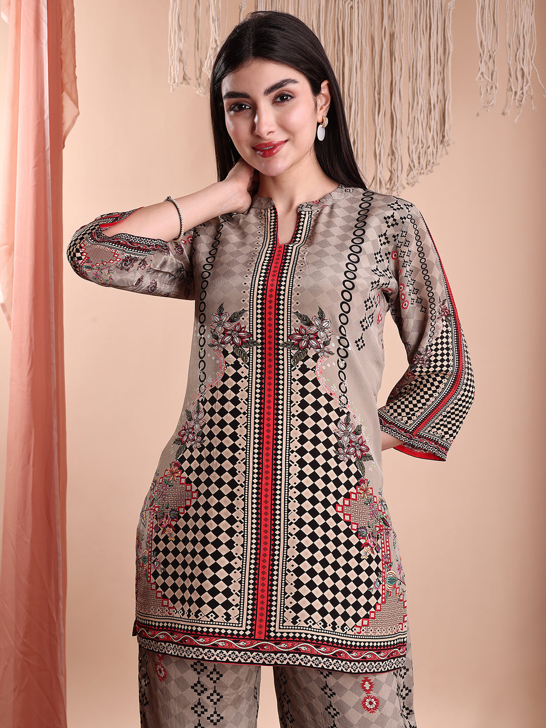 Floral & Geometric Printed Co-Ords, Brown - Hiral Fashion
