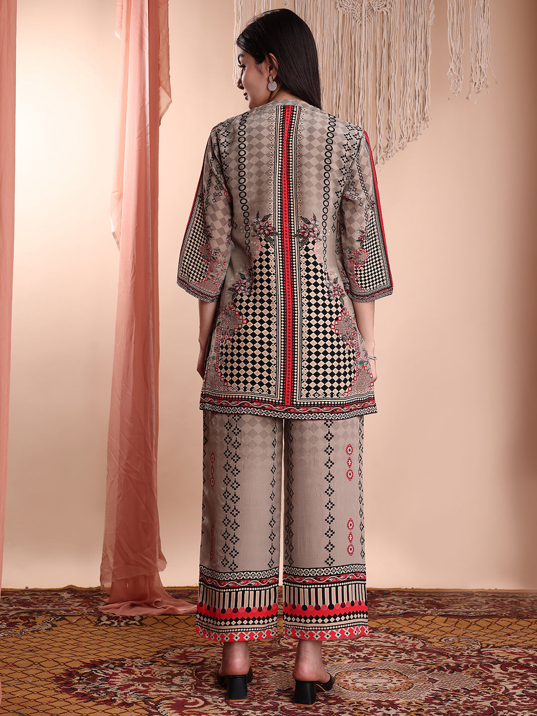Floral & Geometric Printed Co-Ords, Brown - Hiral Fashion