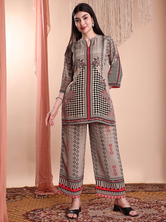 Floral & Geometric Printed Co-Ords, Brown - Hiral Fashion