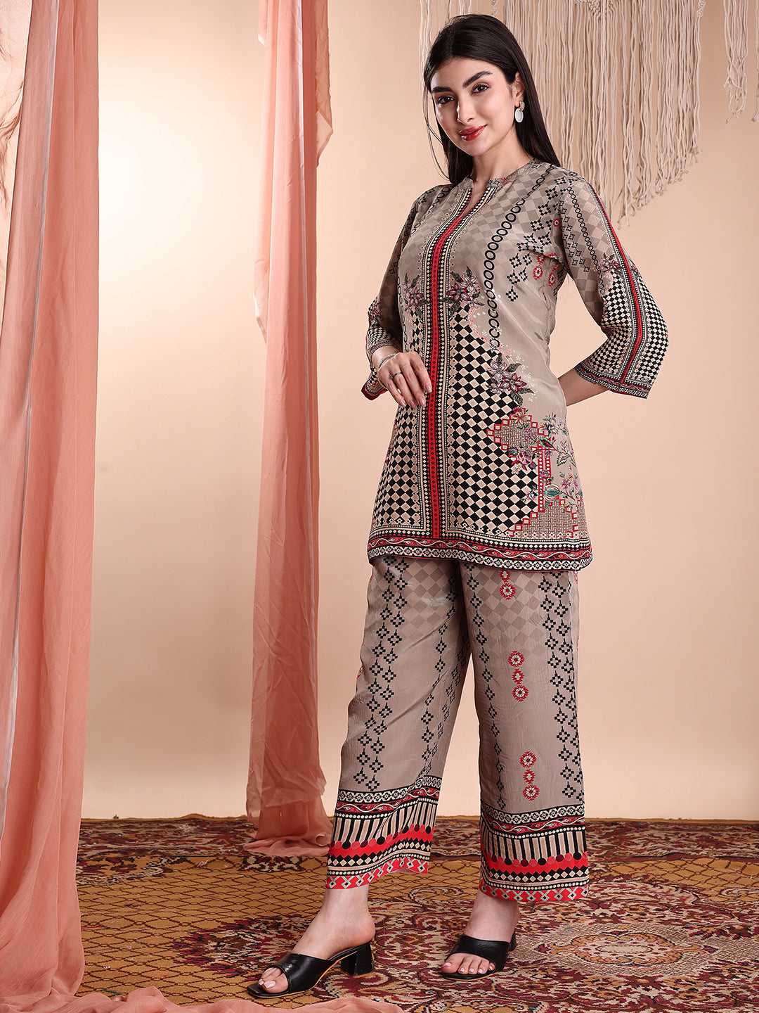 Floral & Geometric Printed Co-Ords, Brown - Hiral Fashion