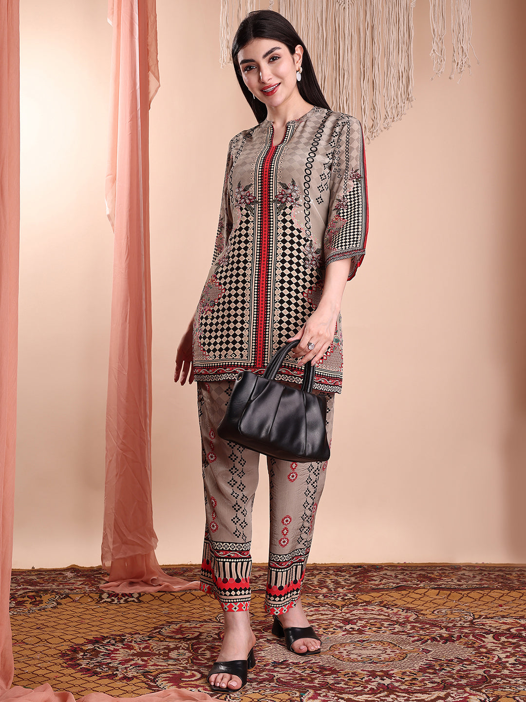 Floral & Geometric Printed Co-Ords, Brown - Hiral Fashion
