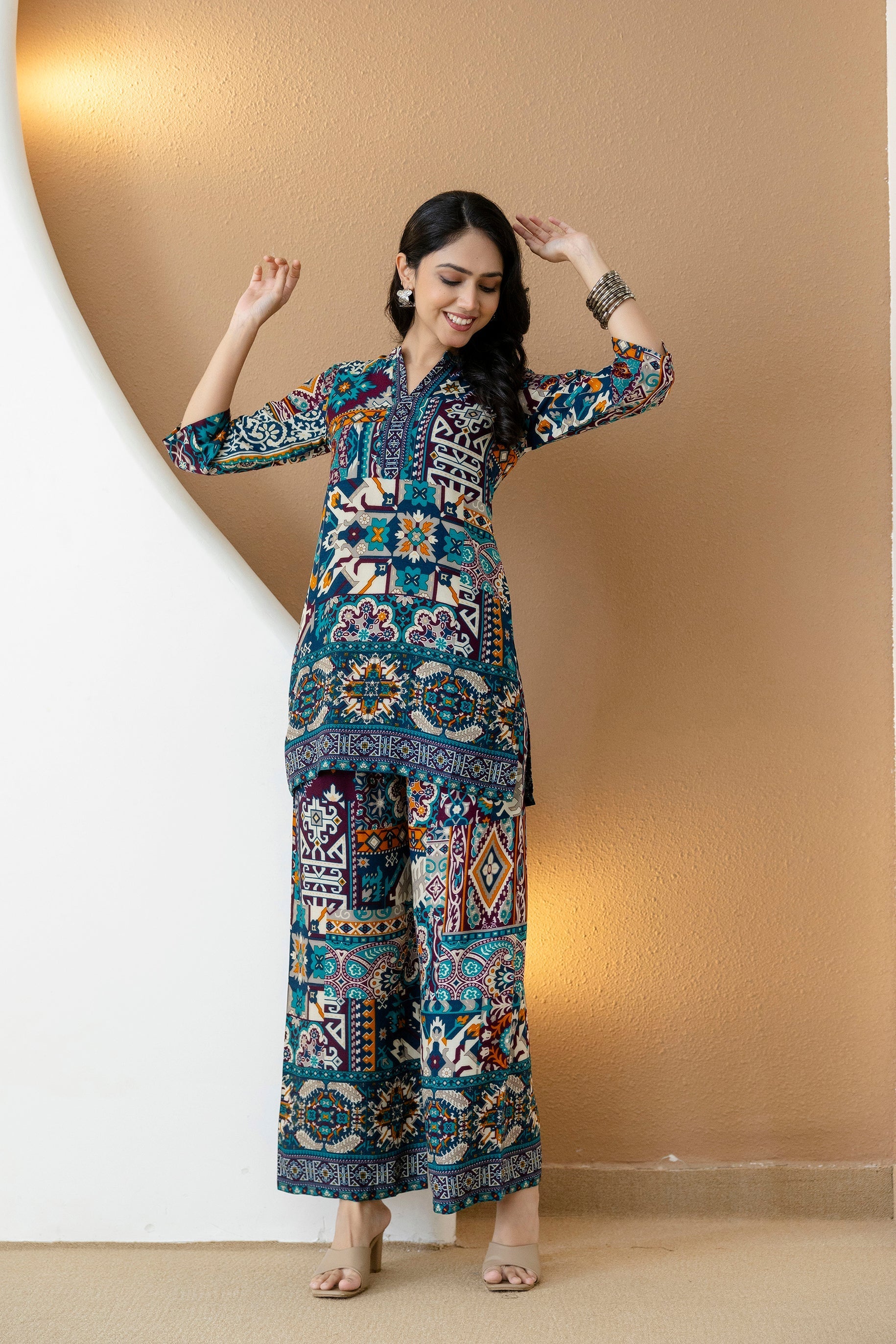Boho Printed Co-Ord Set, Teal - Hiral Fashion