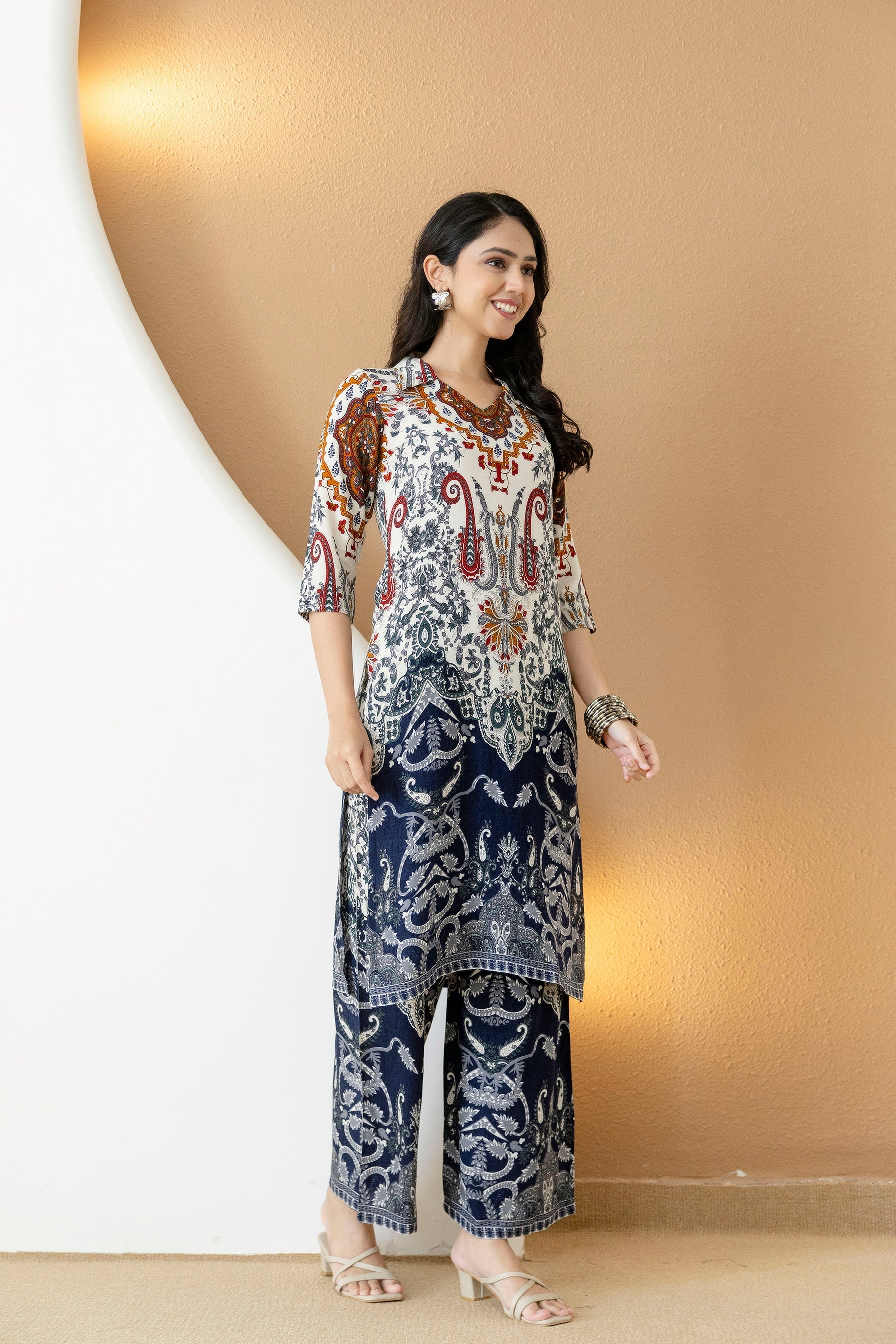 Paisley And Ethnic Motif Printed Kurta With Palazzo, Multicolor - Hiral Fashion