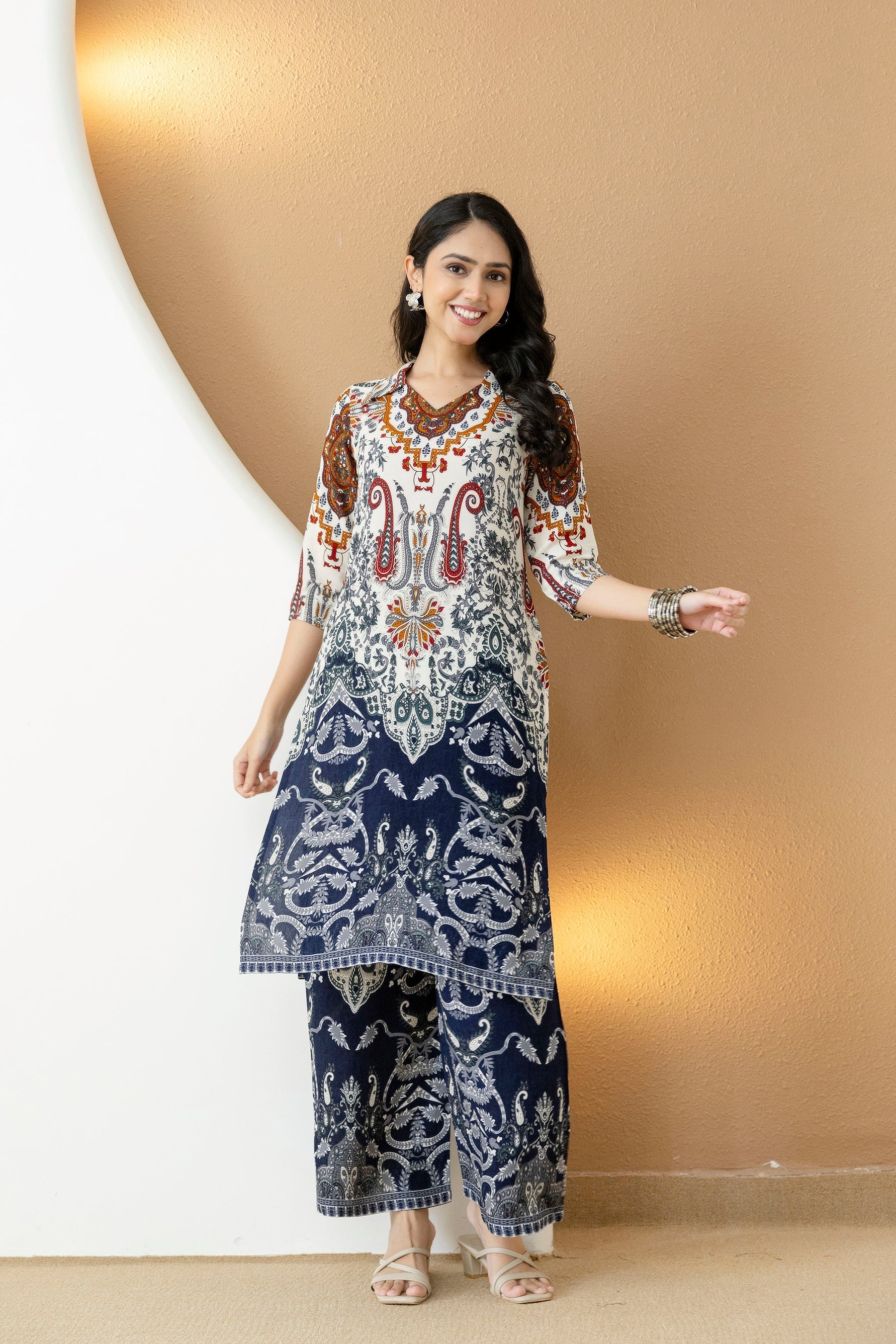 Paisley And Ethnic Motif Printed Kurta With Palazzo, Multicolor - Hiral Fashion