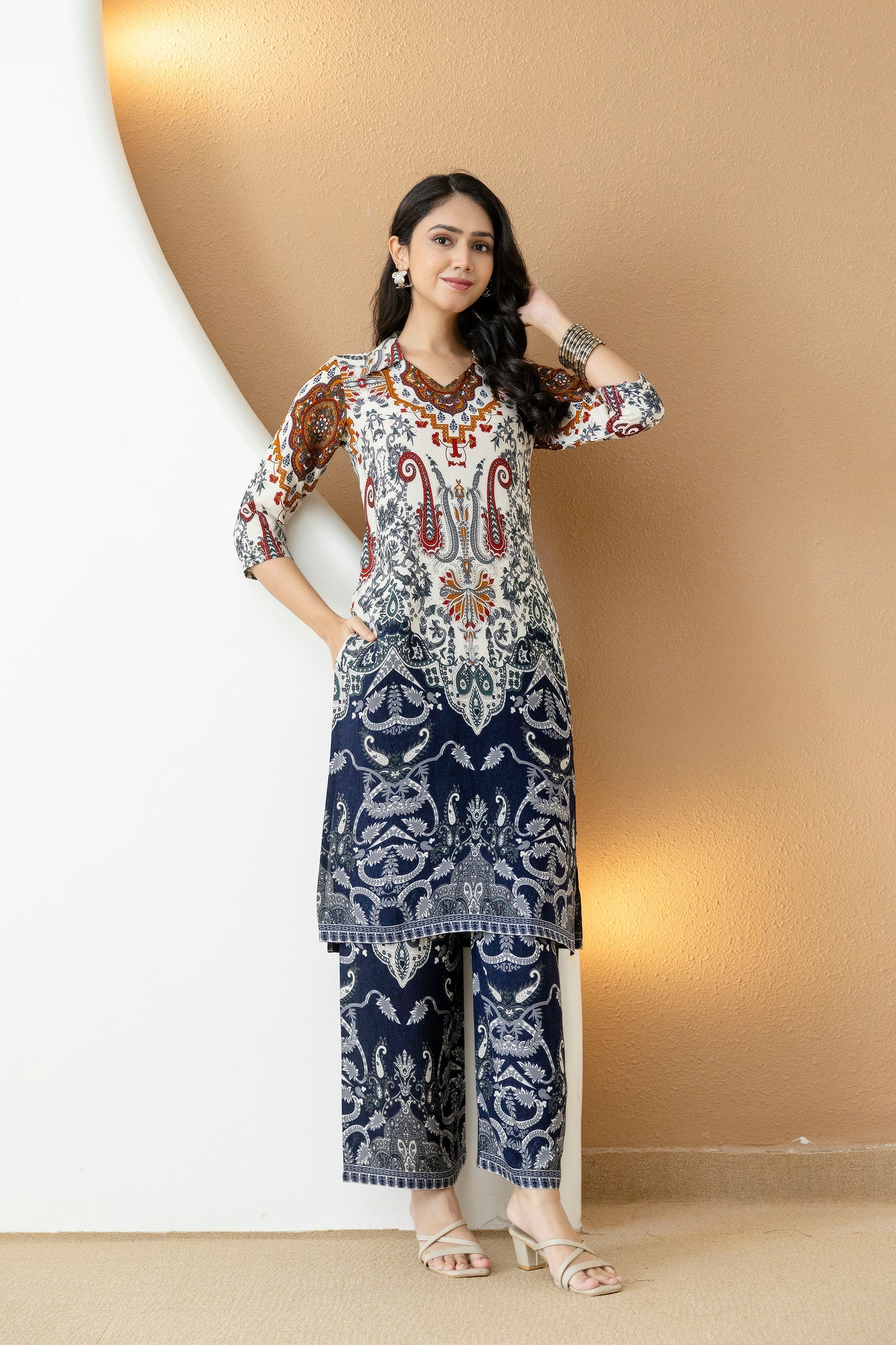 Paisley And Ethnic Motif Printed Kurta With Palazzo, Multicolor - Hiral Fashion