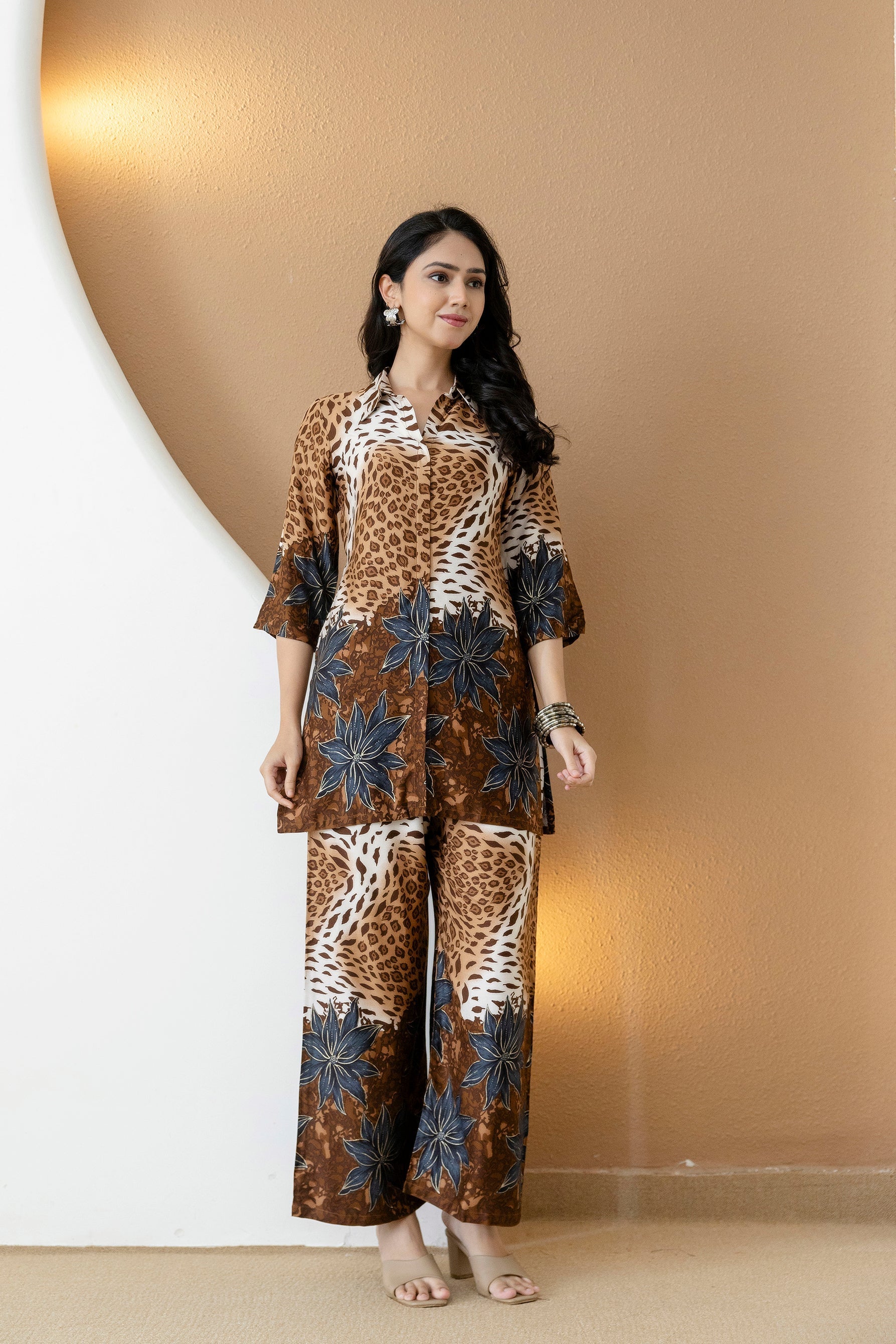 Animal & Floral Motifs Printed Ethnic Co-Ord Set, Brown - Hiral Fashion
