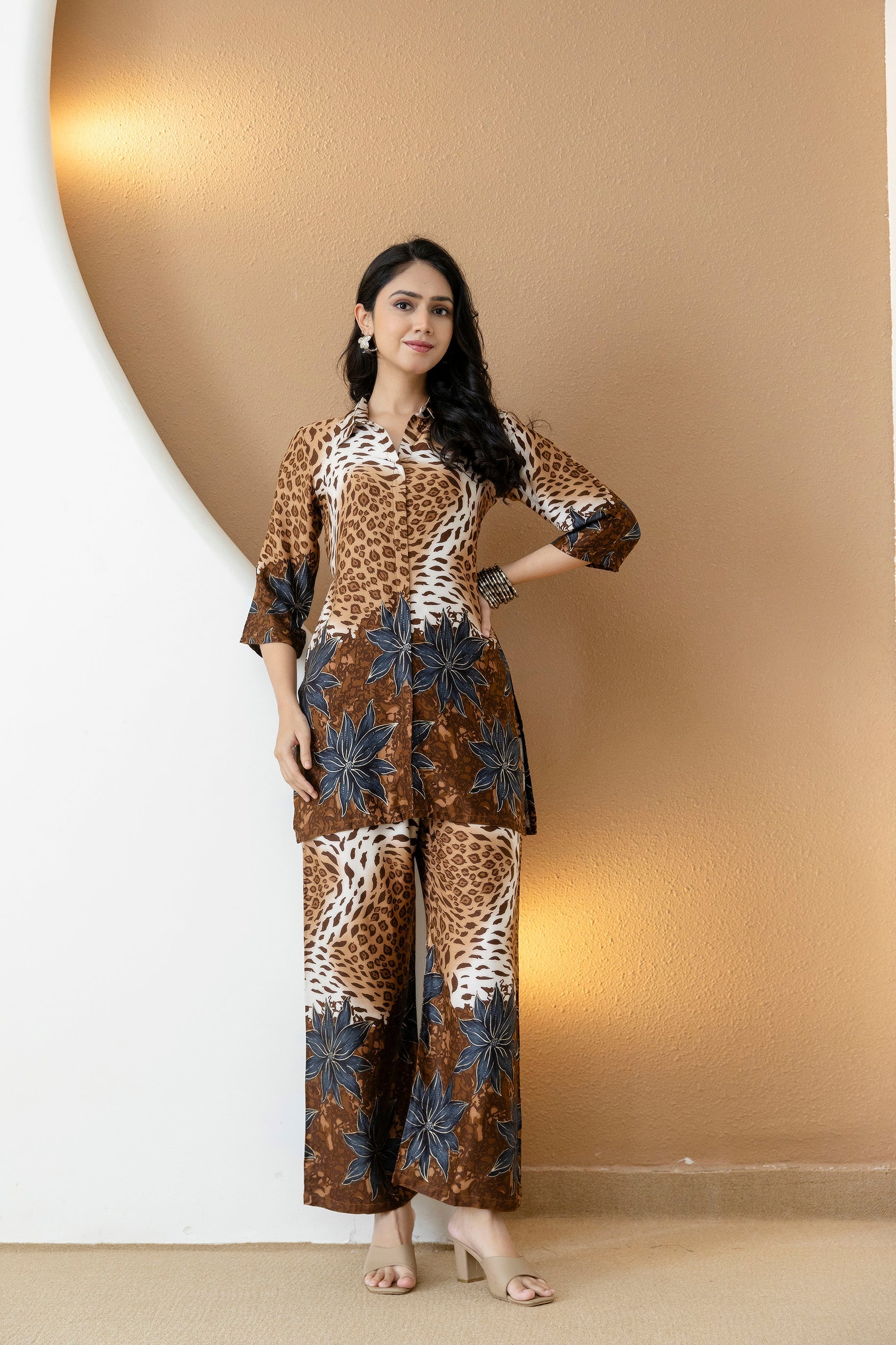 Animal & Floral Motifs Printed Ethnic Co-Ord Set, Brown - Hiral Fashion