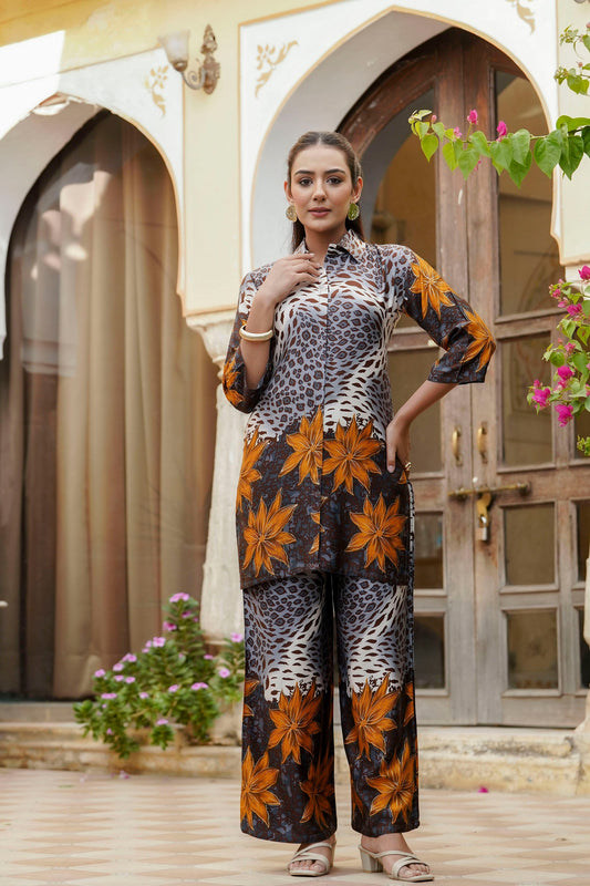 Animal & Floral Motifs Printed Ethnic Co-Ord Set, Grey - Hiral Fashion
