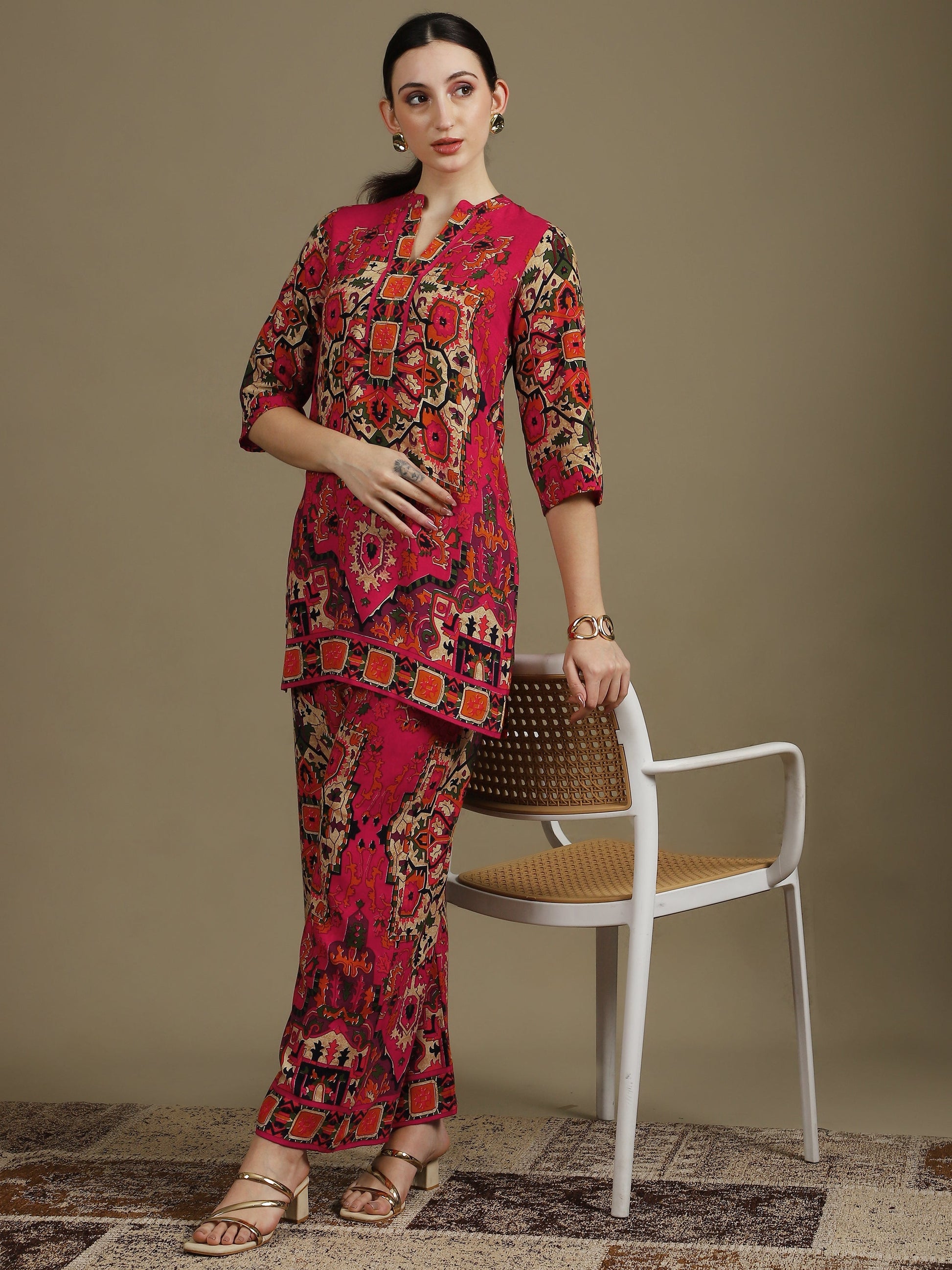 Ethnic Printed Co-Ord Set, Pink - Hiral Fashion
