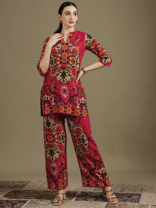 Ethnic Printed Co-Ord Set, Pink - Hiral Fashion