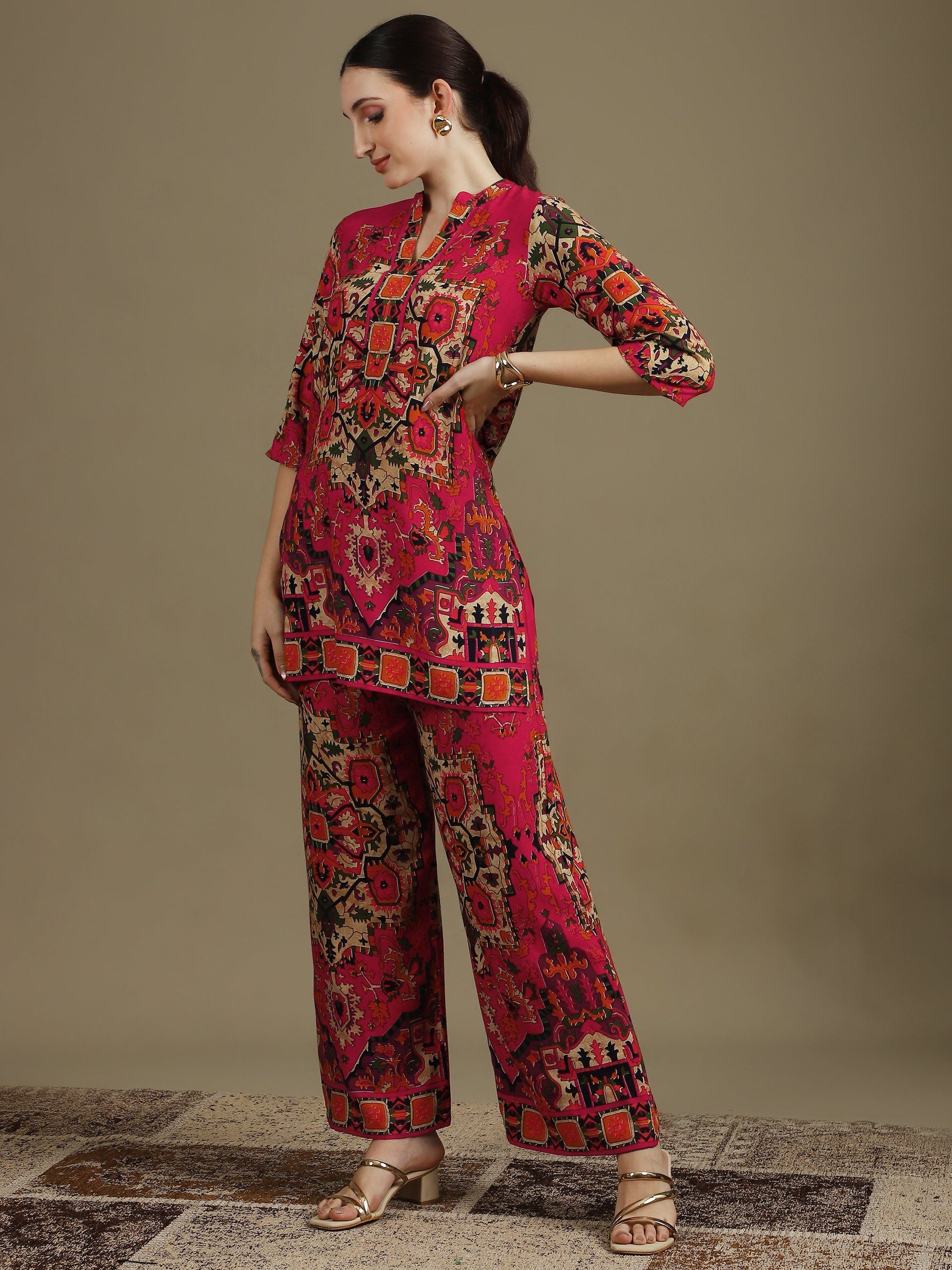 Ethnic Printed Co-Ord Set, Pink - Hiral Fashion