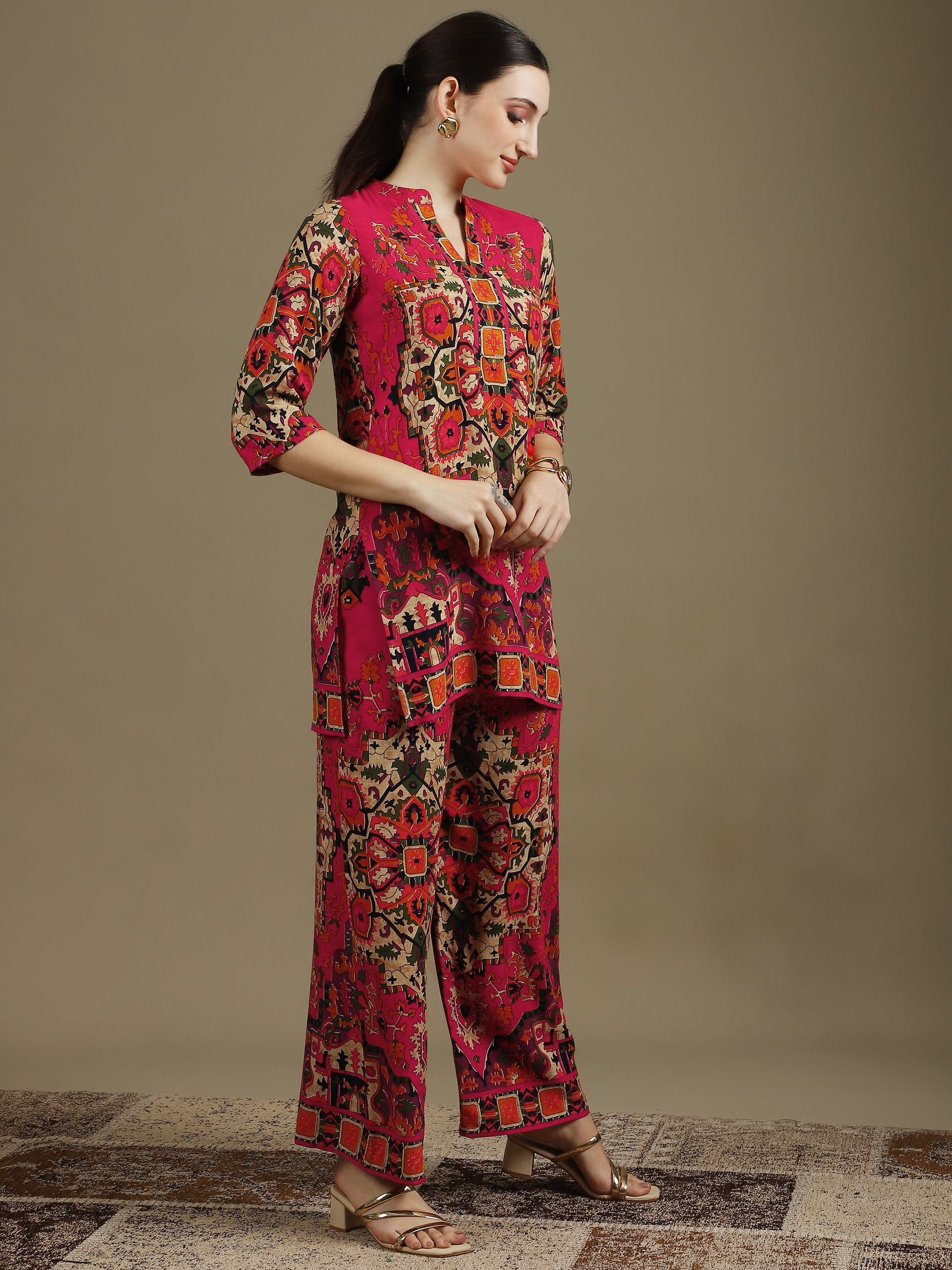 Ethnic Printed Co-Ord Set, Pink - Hiral Fashion
