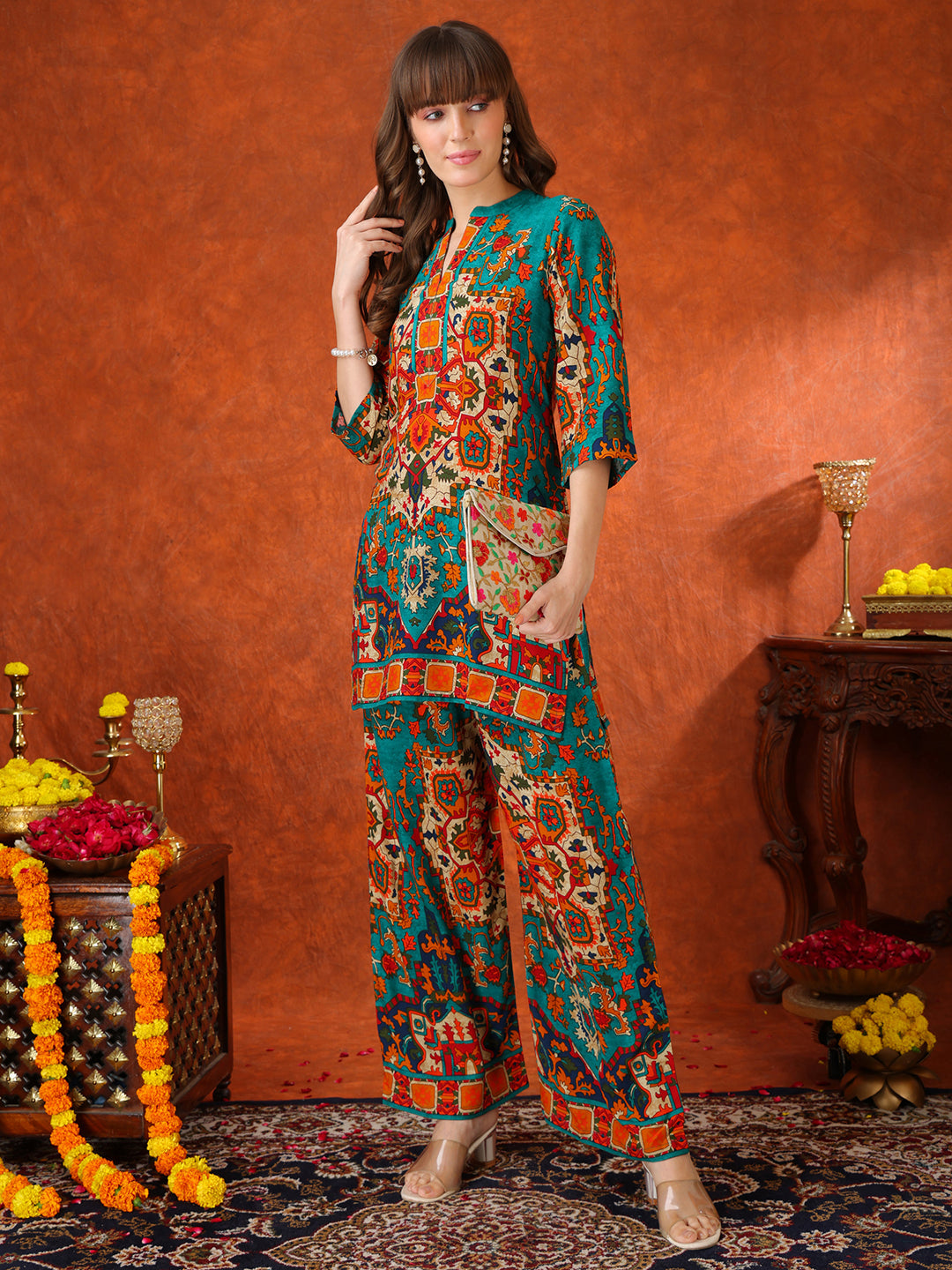Ethnic Printed Co-Ord Set, Teal - Hiral Fashion