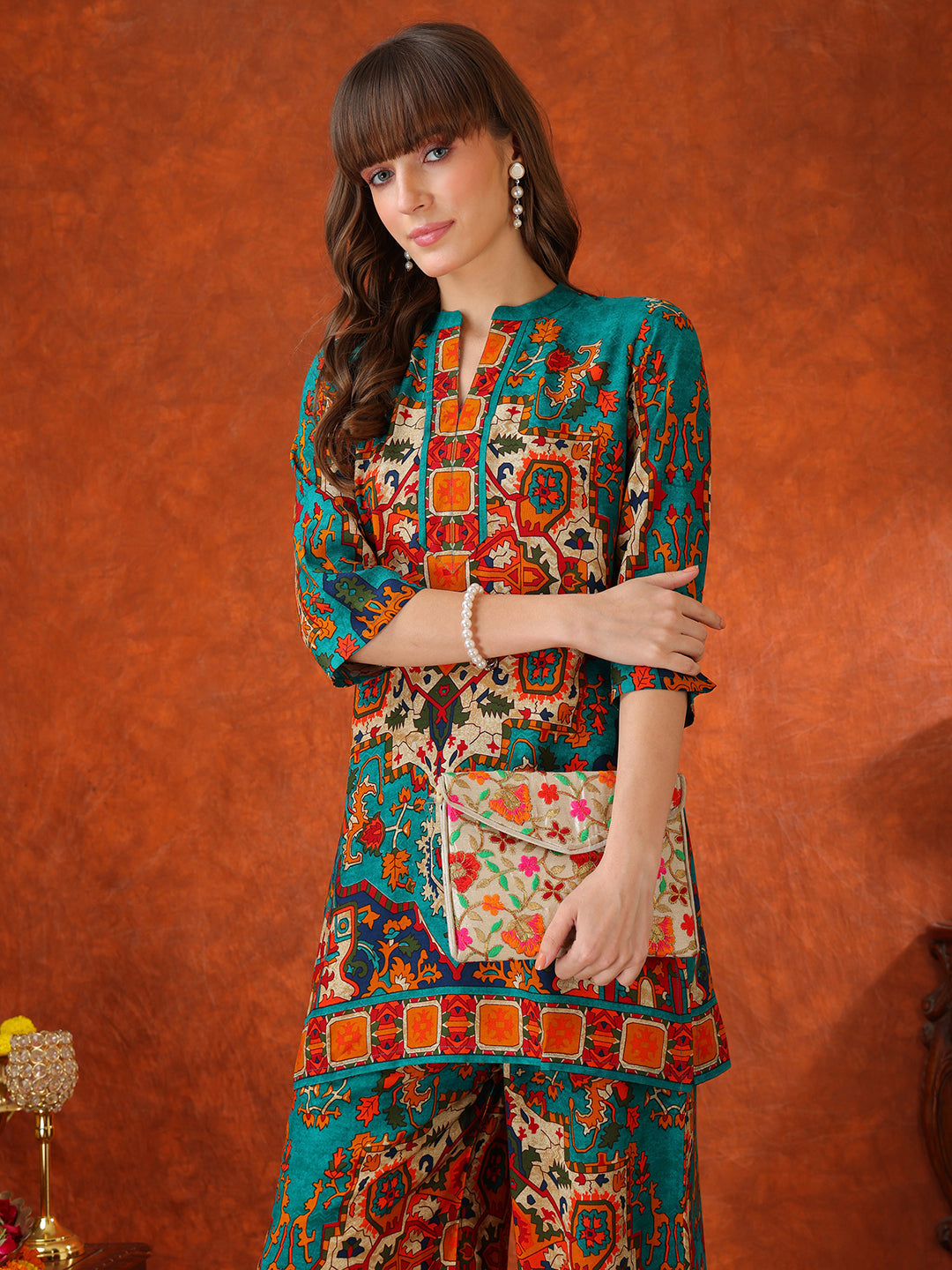 Ethnic Printed Co-Ord Set, Teal - Hiral Fashion