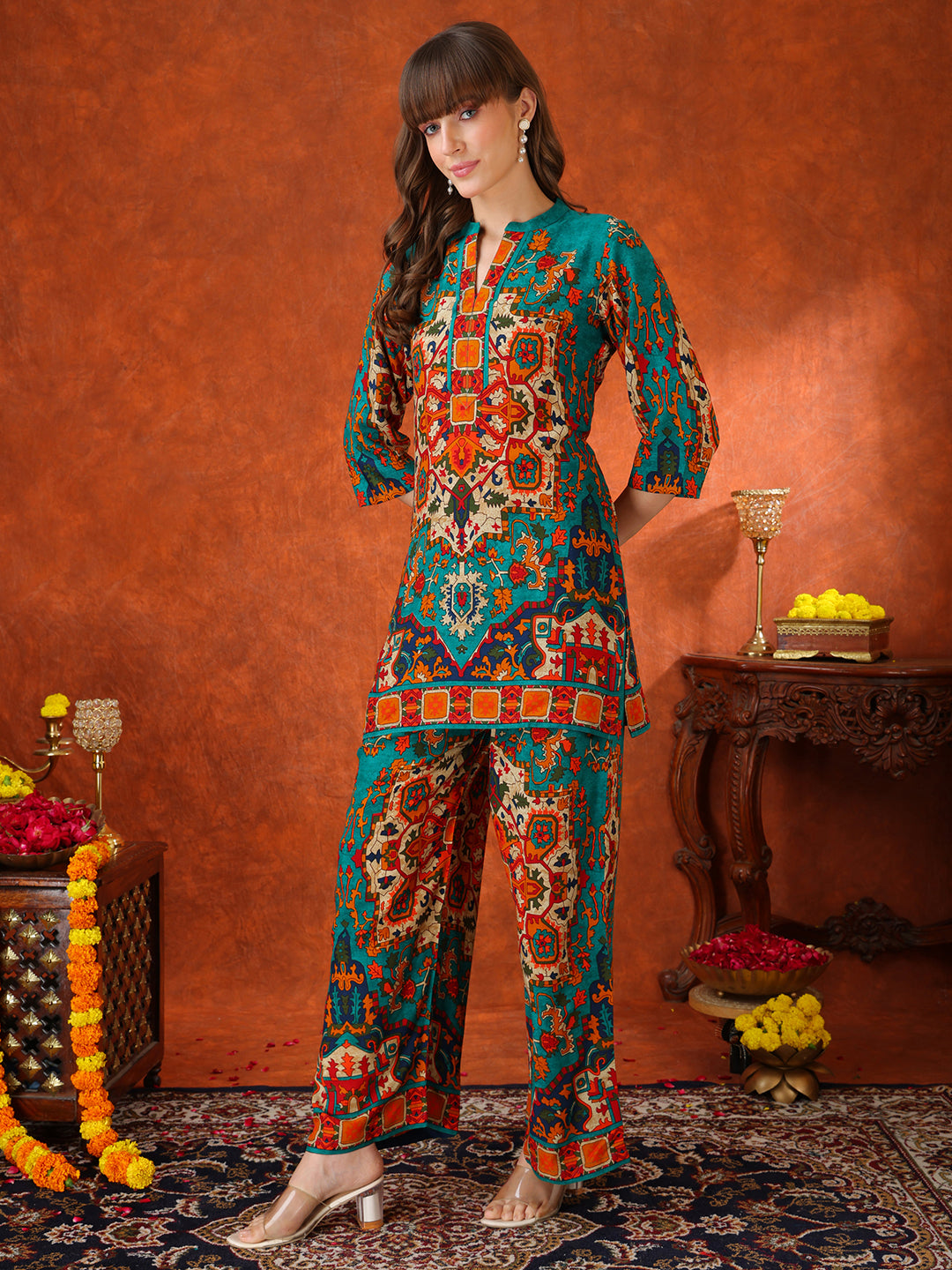 Ethnic Printed Co-Ord Set, Teal - Hiral Fashion