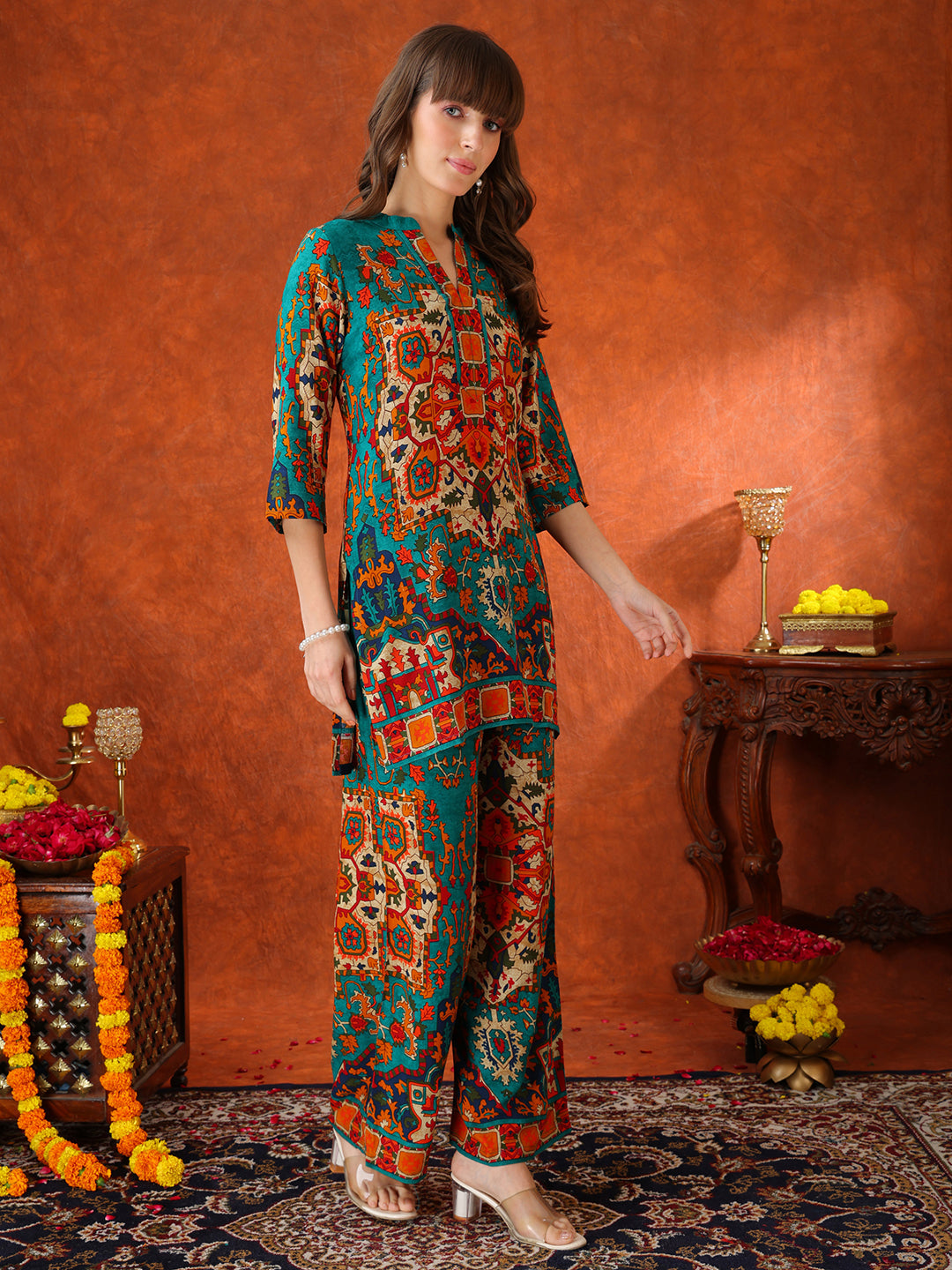 Ethnic Printed Co-Ord Set, Teal - Hiral Fashion