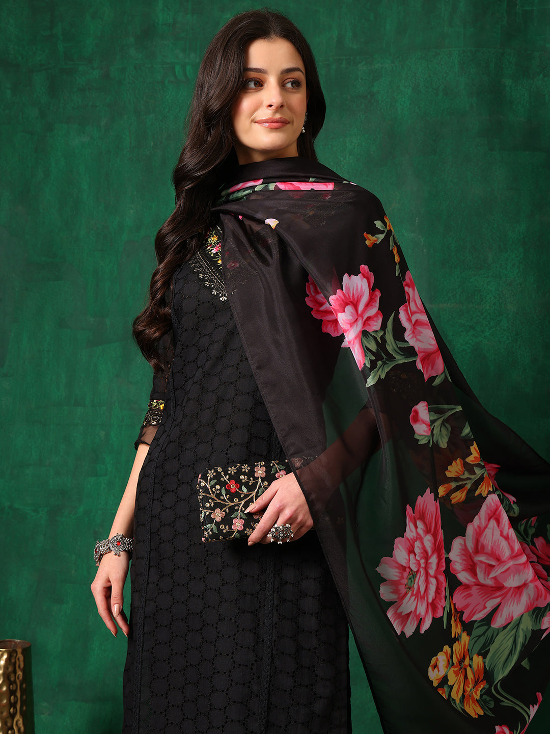 Embroidered Chikankari Kurta With Pant & Printed Dupatta, Black - Hiral Fashion