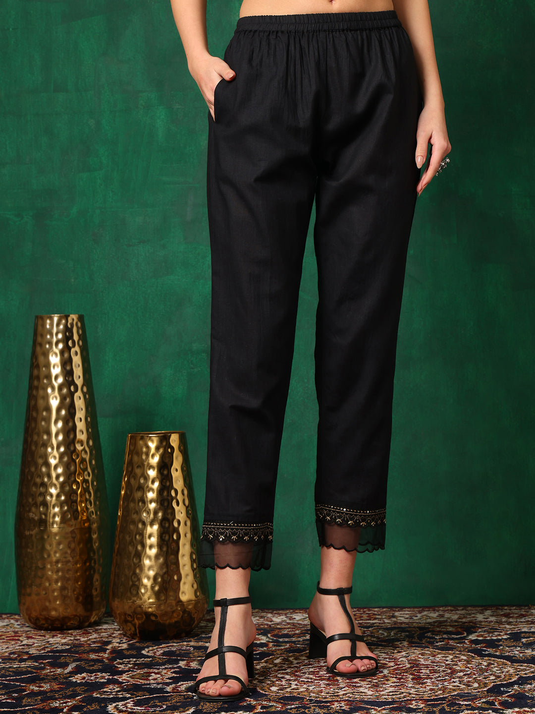 Embroidered Chikankari Kurta With Pant & Printed Dupatta, Black - Hiral Fashion