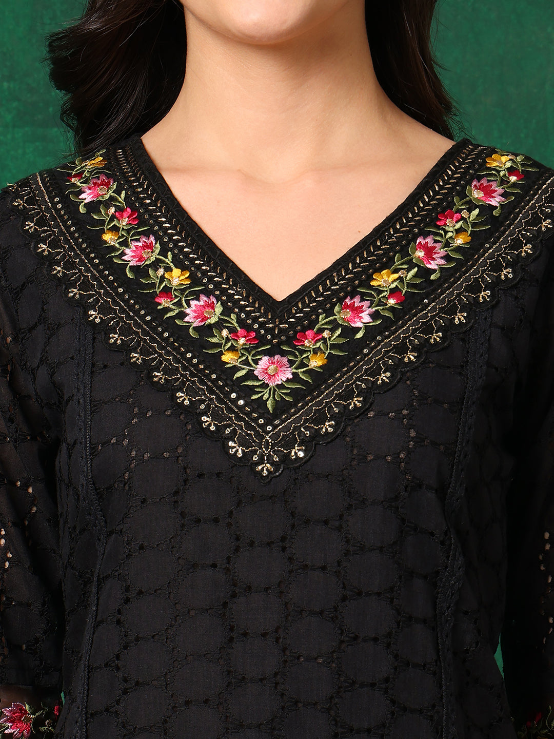 Embroidered Chikankari Kurta With Pant & Printed Dupatta, Black - Hiral Fashion