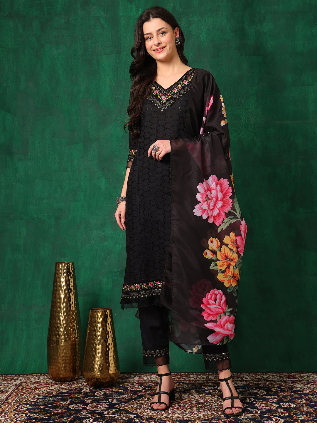 Embroidered Chikankari Kurta With Pant & Printed Dupatta, Black - Hiral Fashion