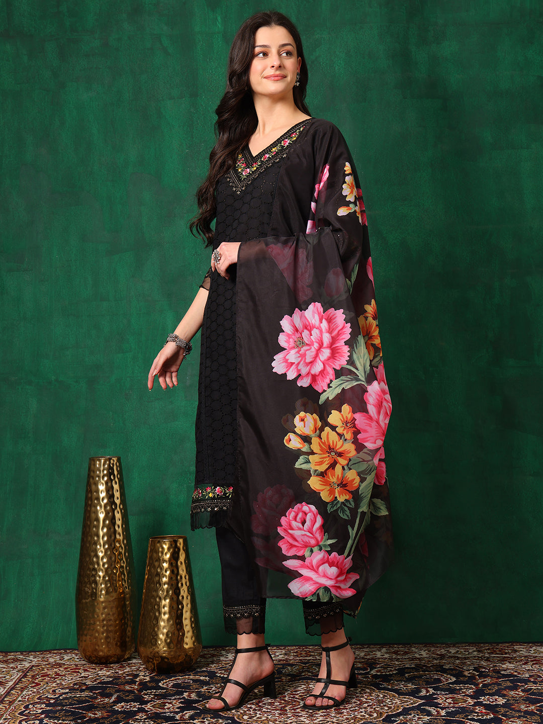 Embroidered Chikankari Kurta With Pant & Printed Dupatta, Black - Hiral Fashion