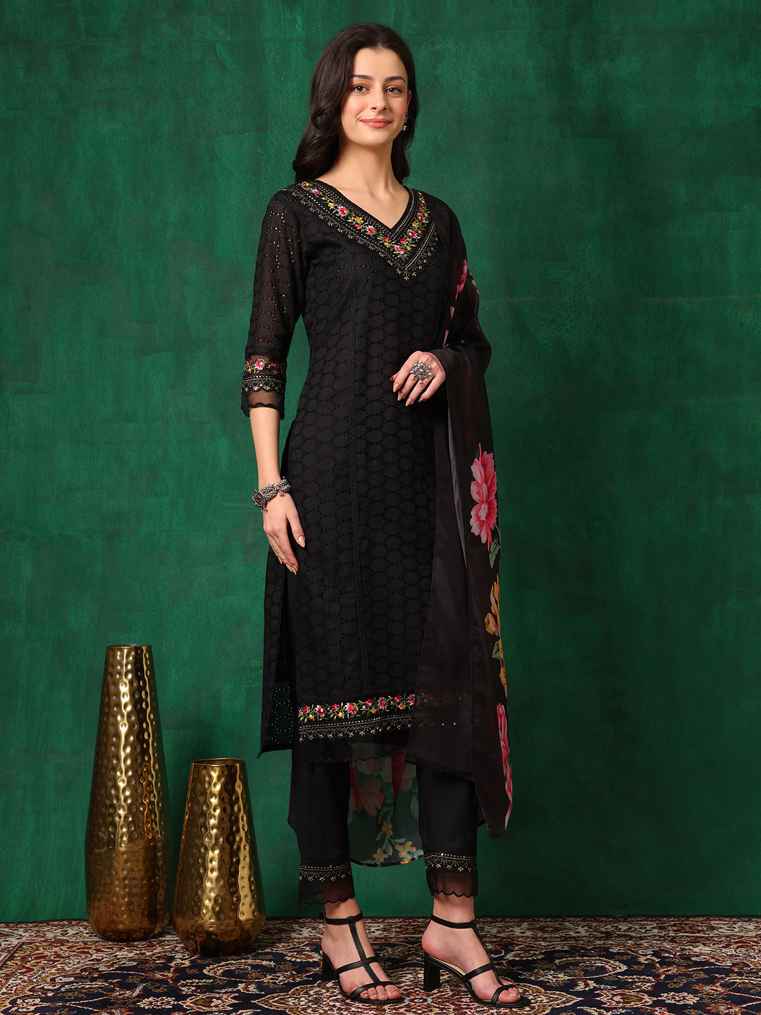 Embroidered Chikankari Kurta With Pant & Printed Dupatta, Black - Hiral Fashion