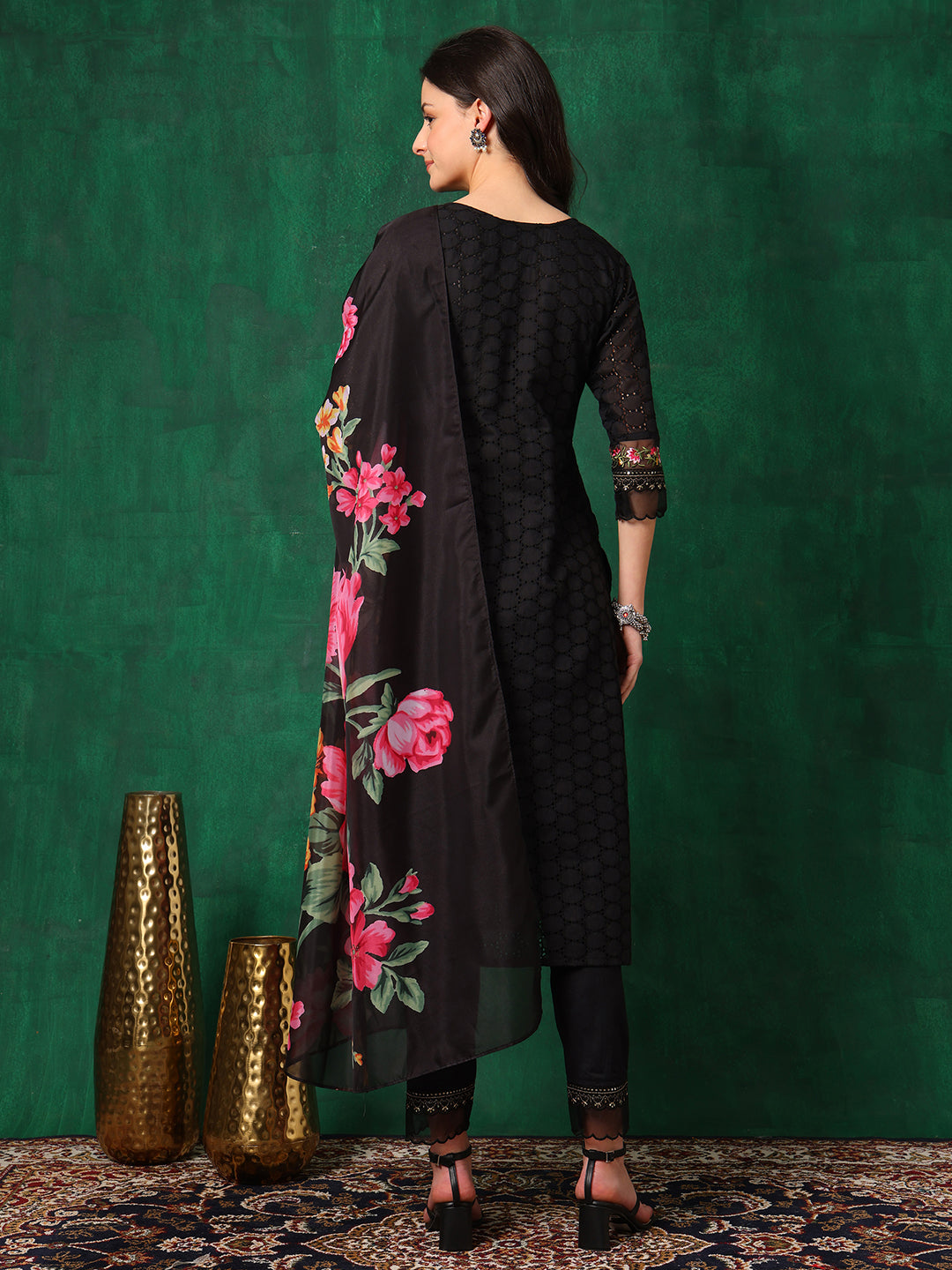 Embroidered Chikankari Kurta With Pant & Printed Dupatta, Black - Hiral Fashion