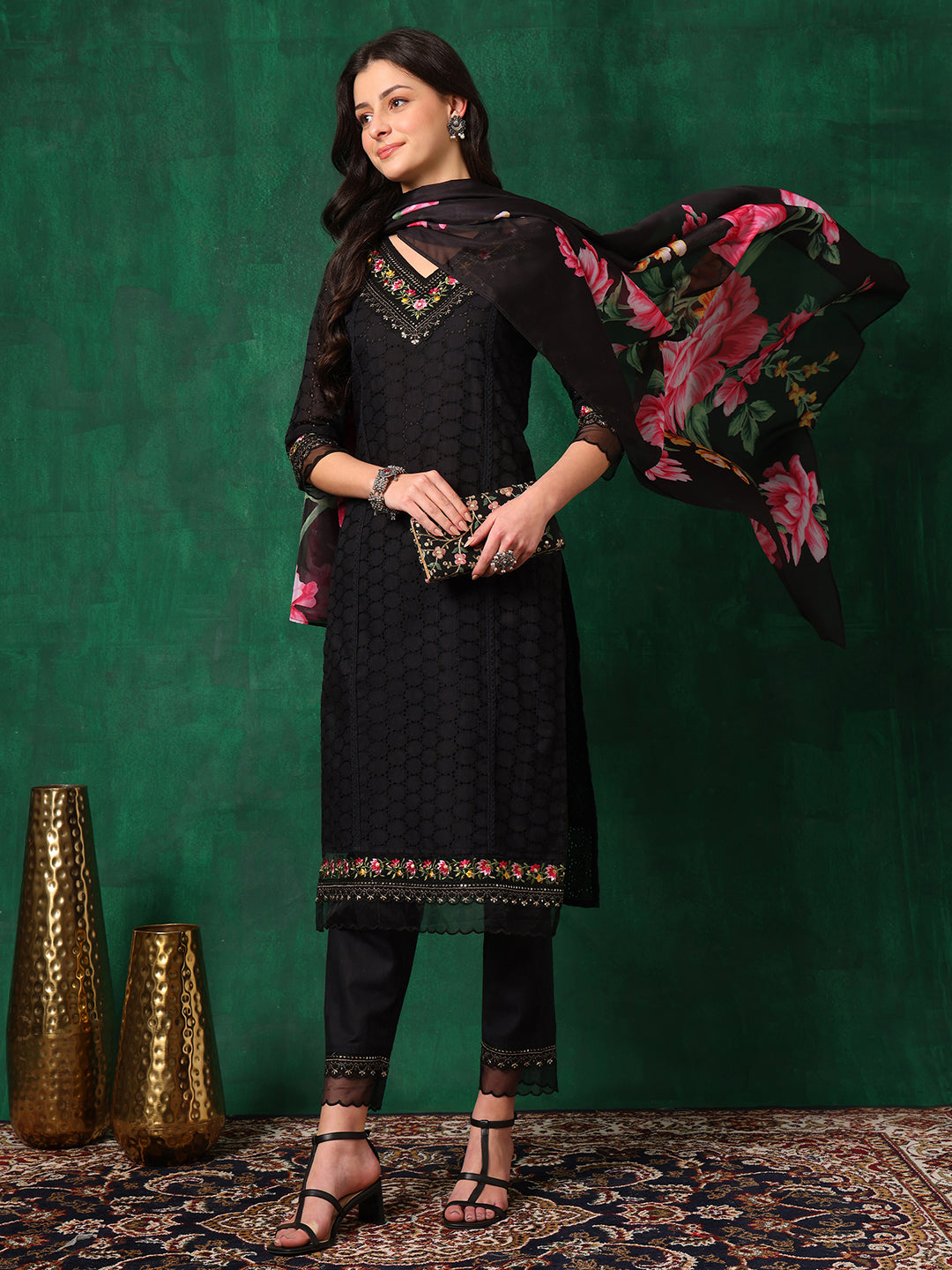 Embroidered Chikankari Kurta With Pant & Printed Dupatta, Black - Hiral Fashion