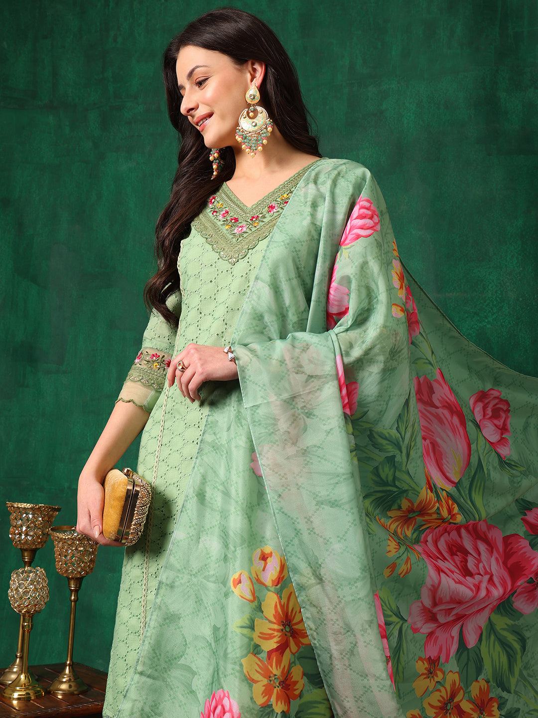 Embroidered Chikankari Kurta With Pant & Printed Dupatta, Green - Hiral Fashion