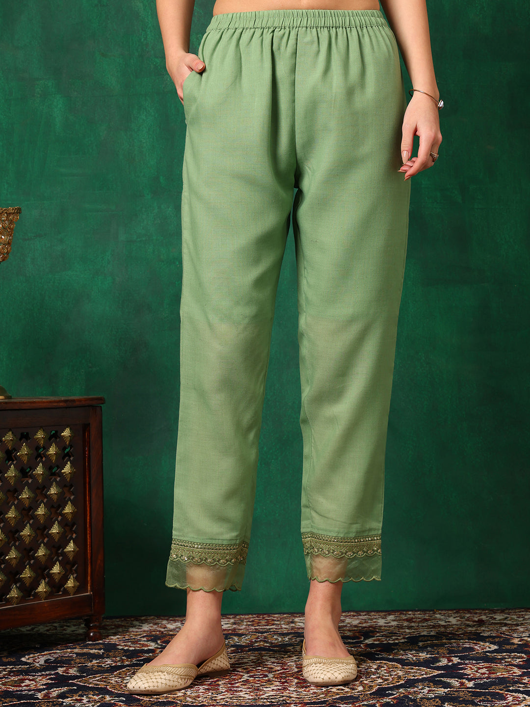 Embroidered Chikankari Kurta With Pant & Printed Dupatta, Green - Hiral Fashion