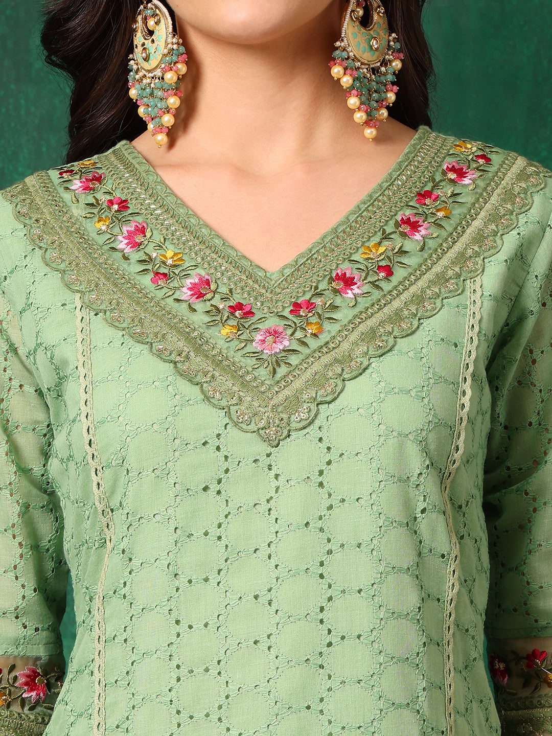 Embroidered Chikankari Kurta With Pant & Printed Dupatta, Green - Hiral Fashion