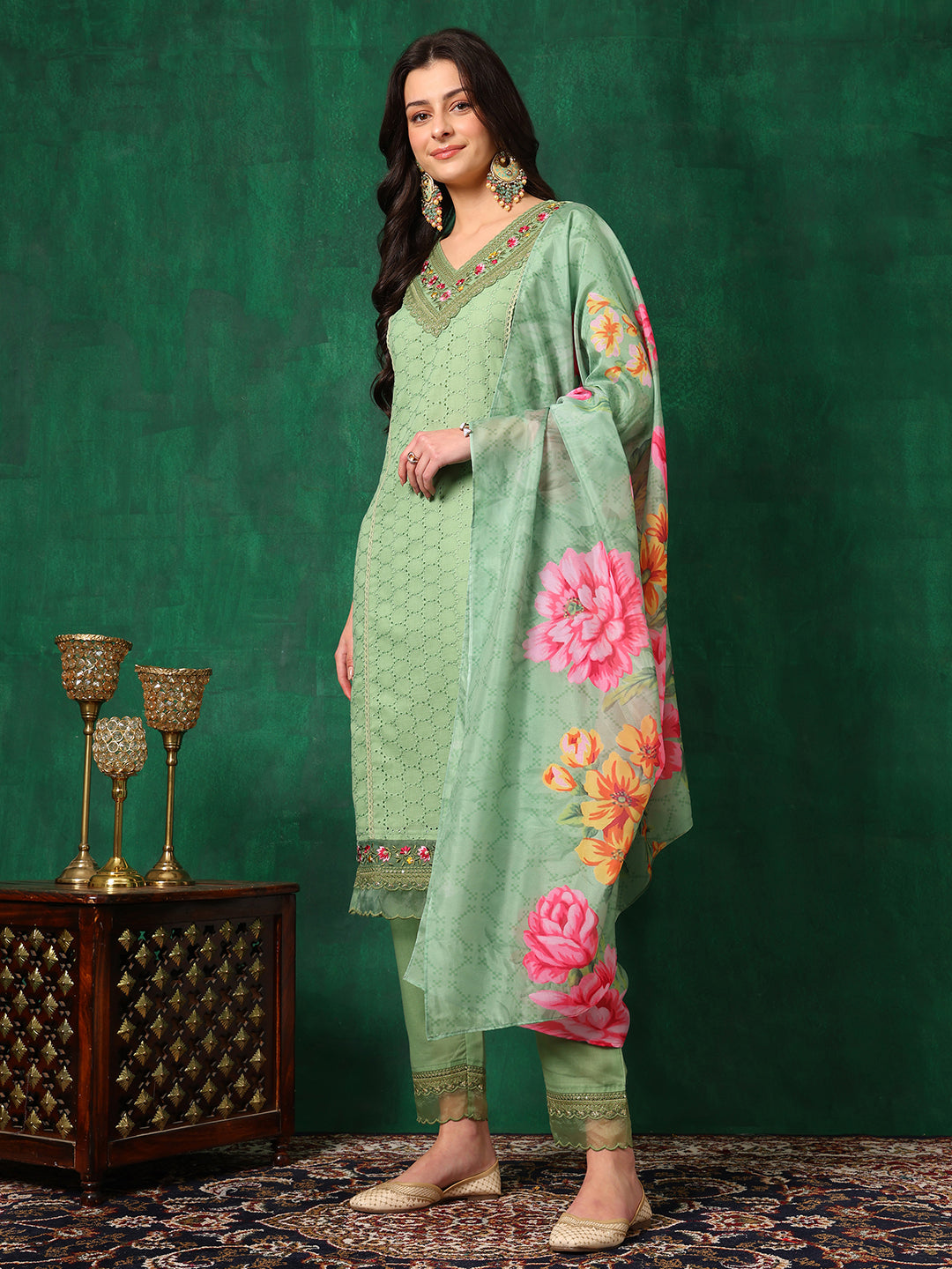 Embroidered Chikankari Kurta With Pant & Printed Dupatta, Green - Hiral Fashion