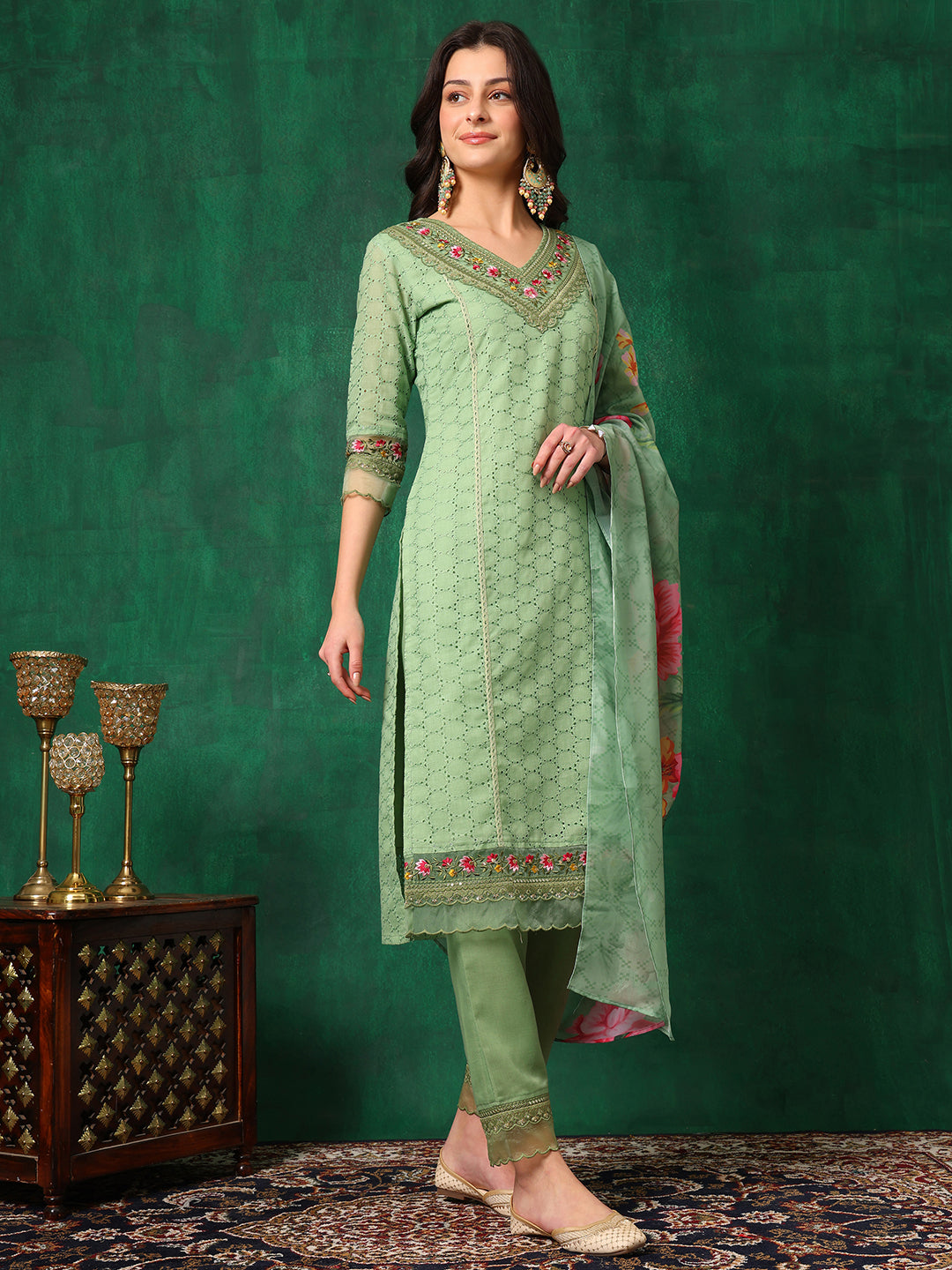 Embroidered Chikankari Kurta With Pant & Printed Dupatta, Green - Hiral Fashion