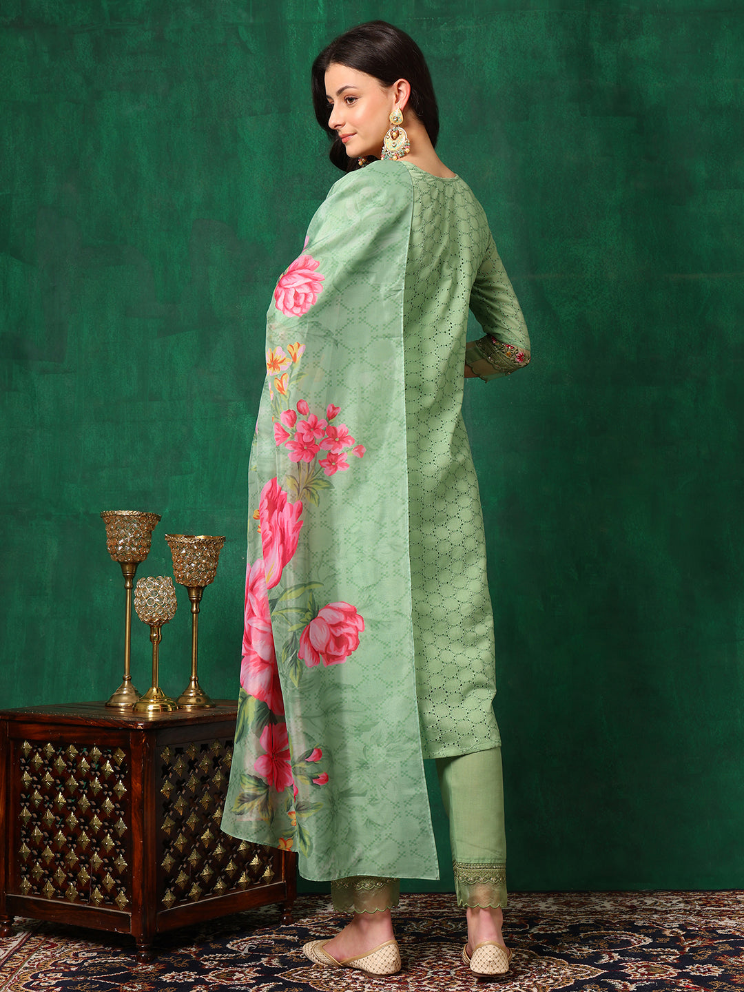 Embroidered Chikankari Kurta With Pant & Printed Dupatta, Green - Hiral Fashion