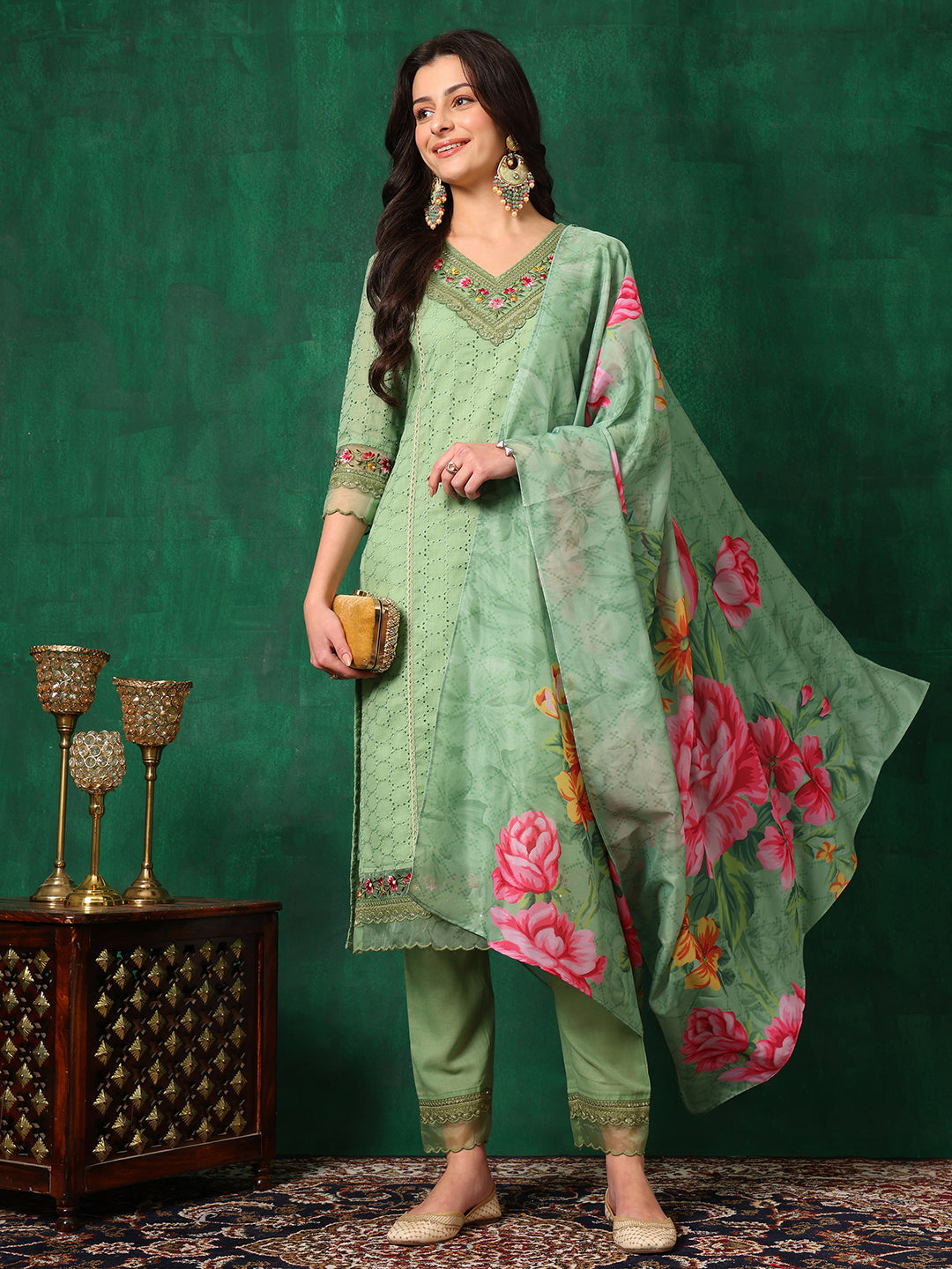 Embroidered Chikankari Kurta With Pant & Printed Dupatta, Green - Hiral Fashion