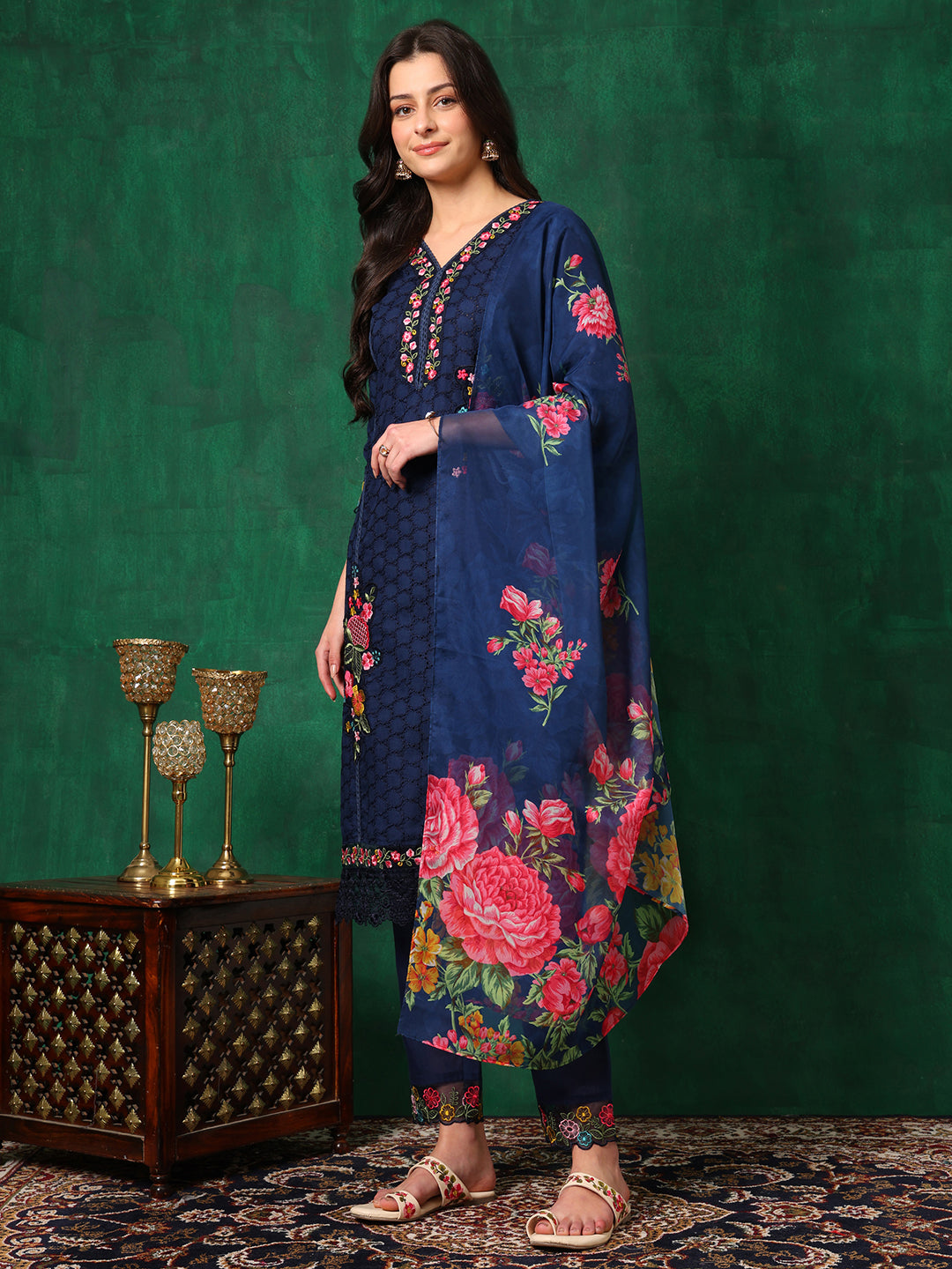 Applique Placement Embroidered Kurta With Pant & Dupatta, Navy Blue - Hiral Fashion