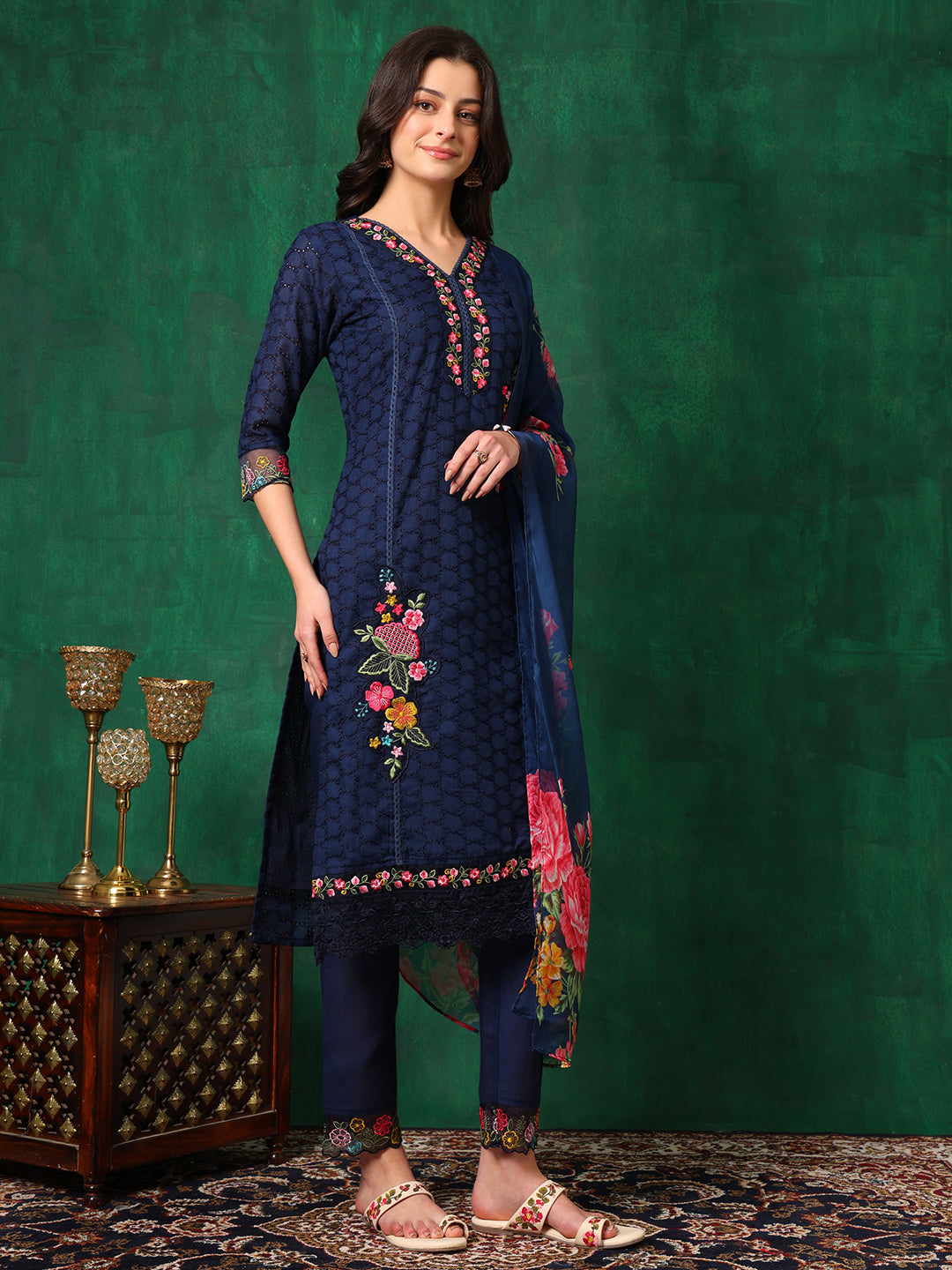 Applique Placement Embroidered Kurta With Pant & Dupatta, Navy Blue - Hiral Fashion