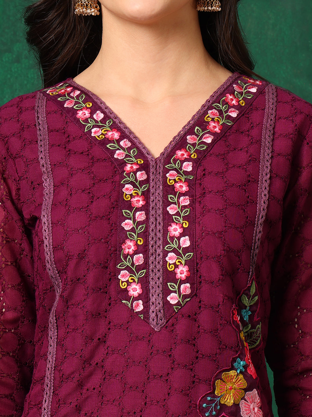 Applique Placement Embroidered Kurta With Pant & Dupatta, Wine - Hiral Fashion