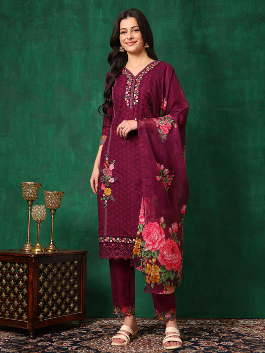 Applique Placement Embroidered Kurta With Pant & Dupatta, Wine - Hiral Fashion