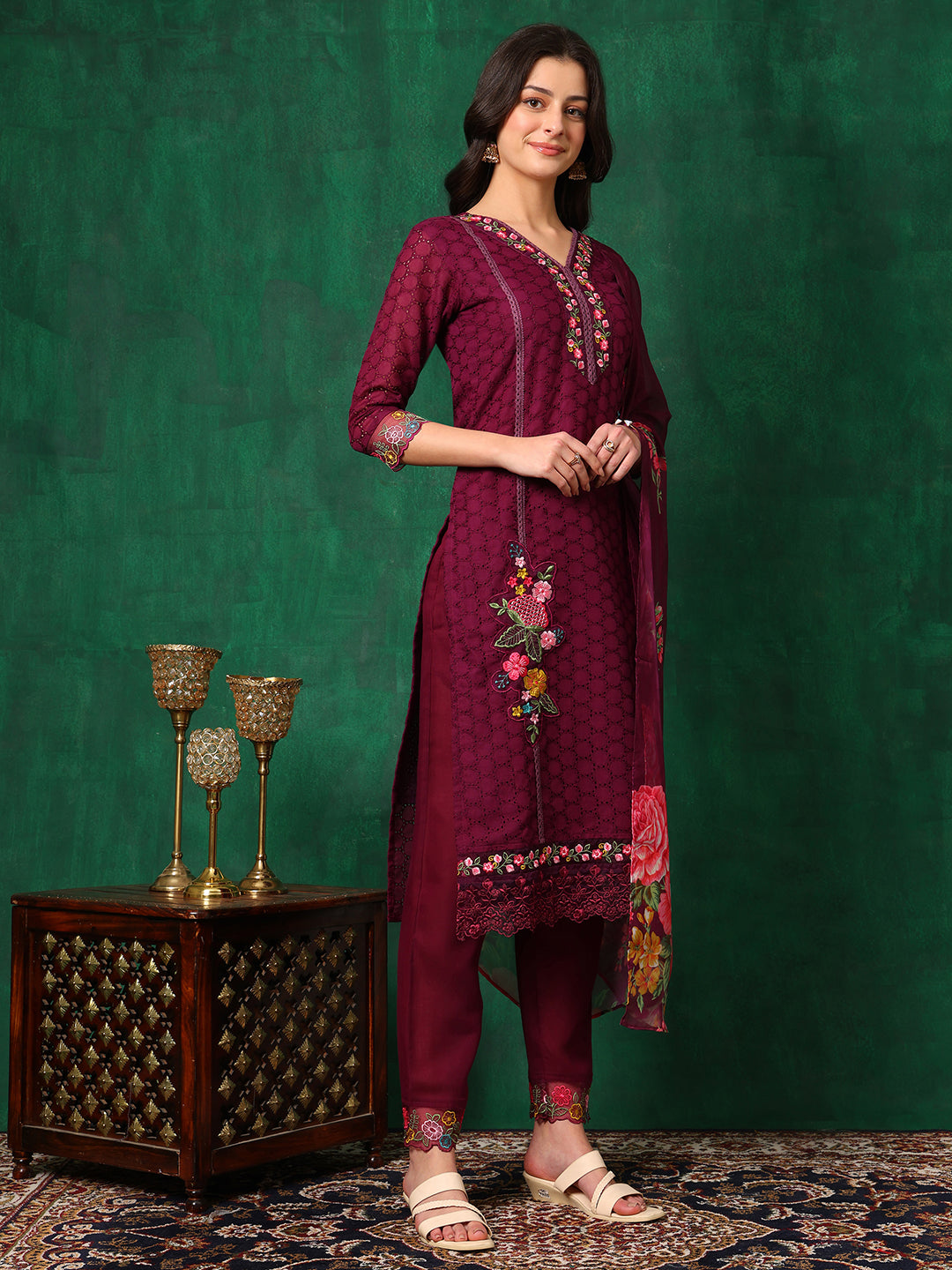 Applique Placement Embroidered Kurta With Pant & Dupatta, Wine - Hiral Fashion