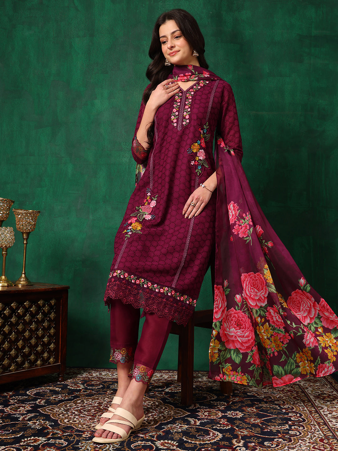 Applique Placement Embroidered Kurta With Pant & Dupatta, Wine - Hiral Fashion