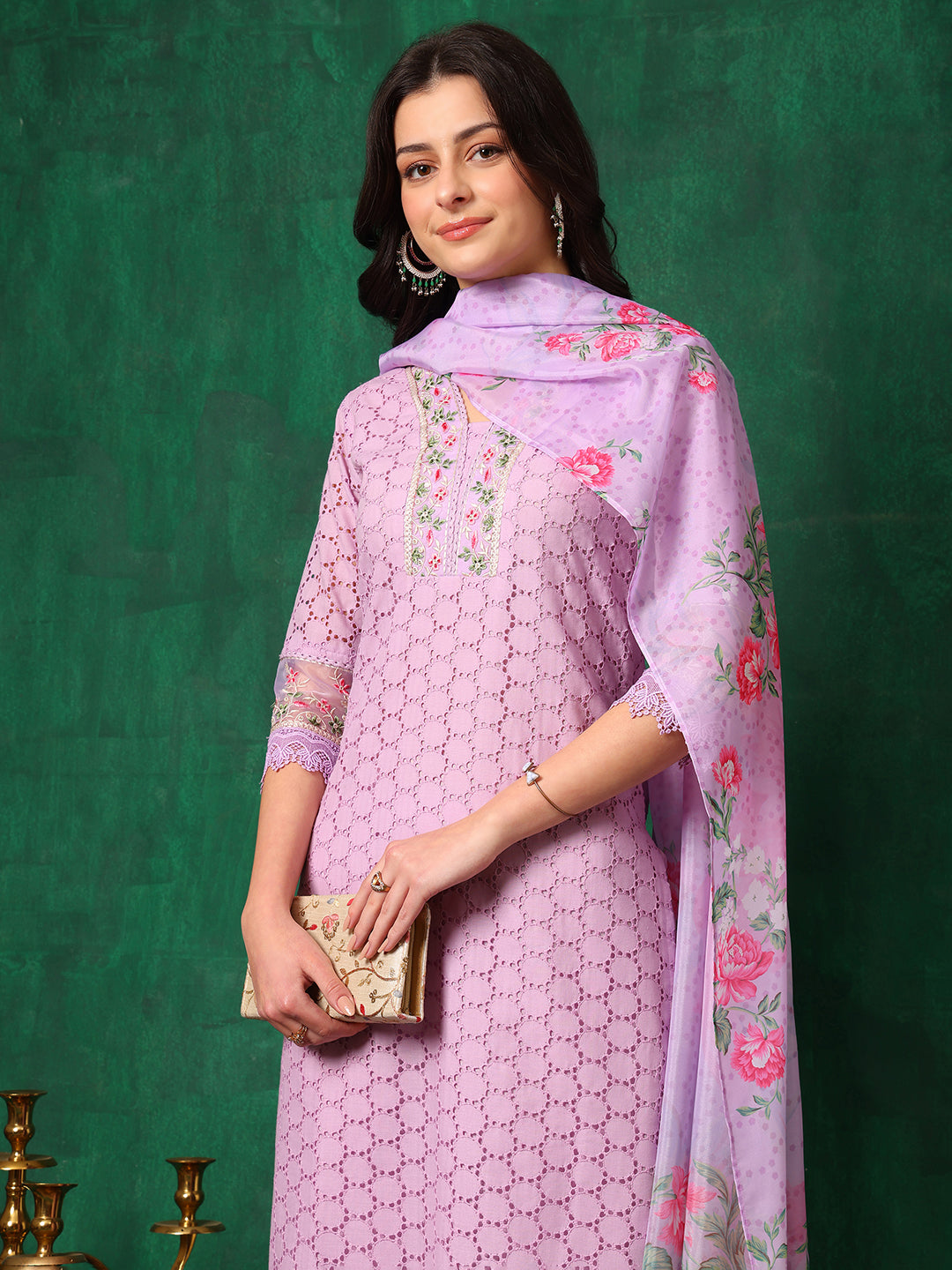 Embroidered Chikankari Kurta With Pant & Dupatta, Lavender - Hiral Fashion