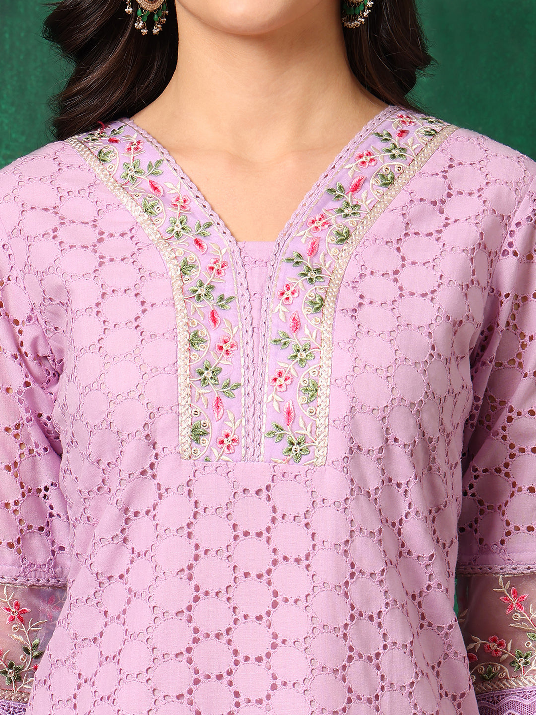 Embroidered Chikankari Kurta With Pant & Dupatta, Lavender - Hiral Fashion