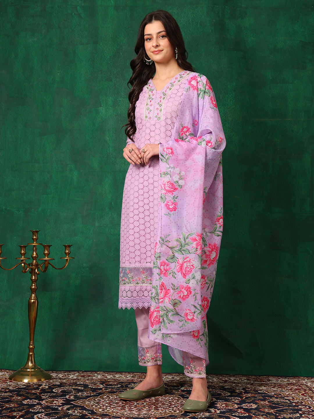 Embroidered Chikankari Kurta With Pant & Dupatta, Lavender - Hiral Fashion
