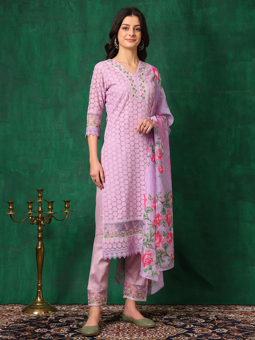 Embroidered Chikankari Kurta With Pant & Dupatta, Lavender - Hiral Fashion