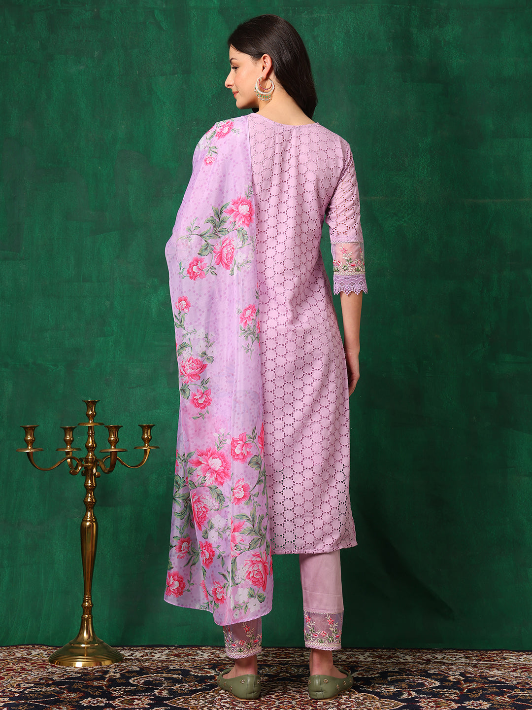 Embroidered Chikankari Kurta With Pant & Dupatta, Lavender - Hiral Fashion