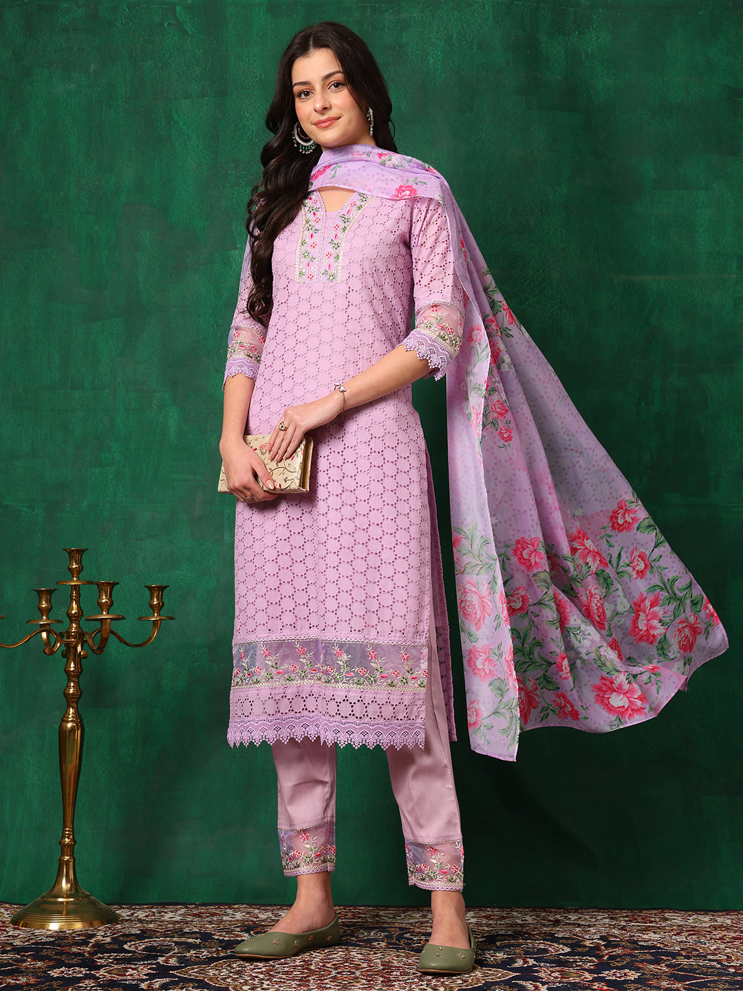 Embroidered Chikankari Kurta With Pant & Dupatta, Lavender - Hiral Fashion