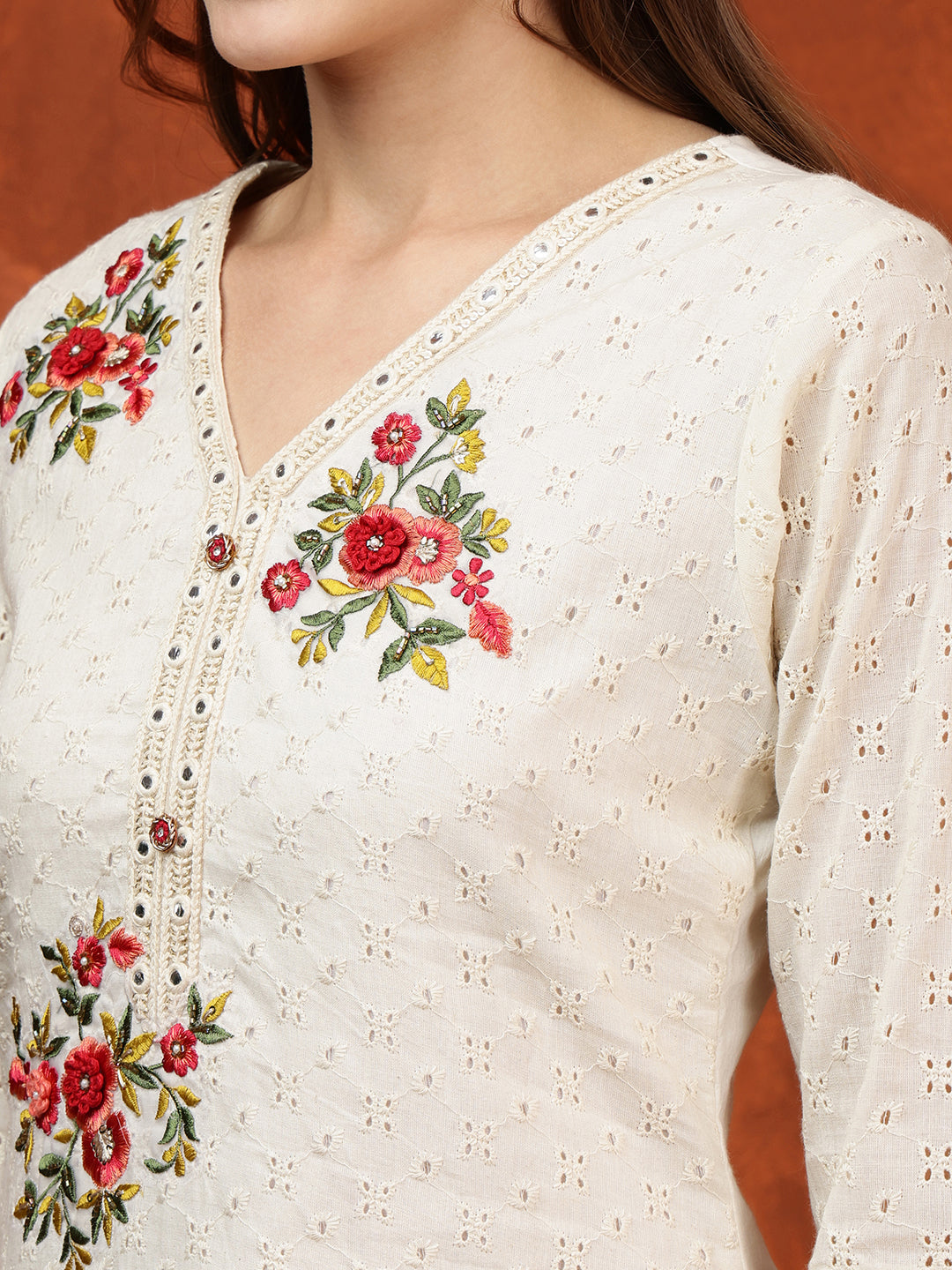 Hand Embroidered & Chikankari Kurta With Pant & Floral Printed Dupatta, Cream - Hiral Fashion